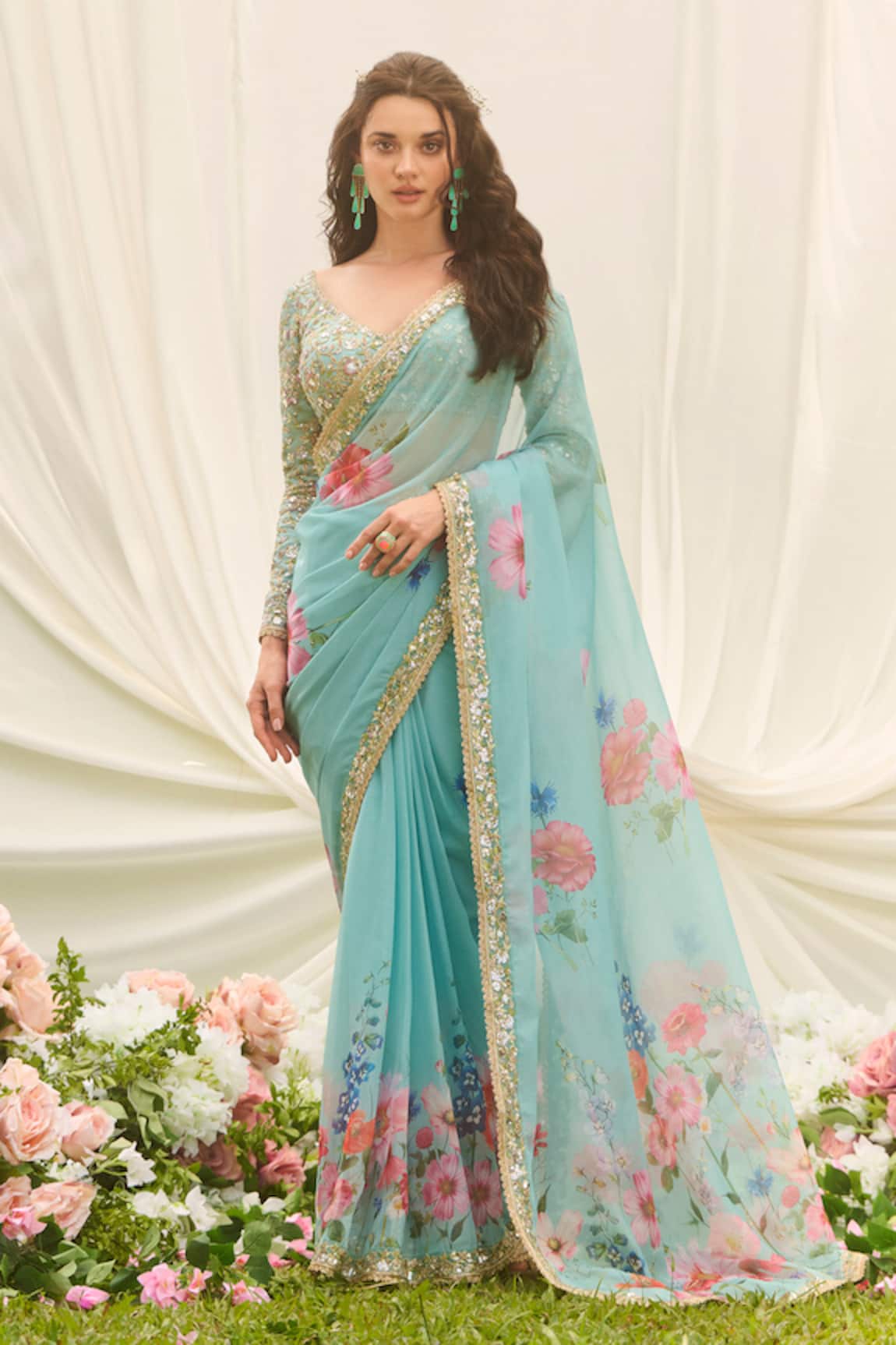 LASHKARAA Floral Embroidered Chiffon Saree Set 