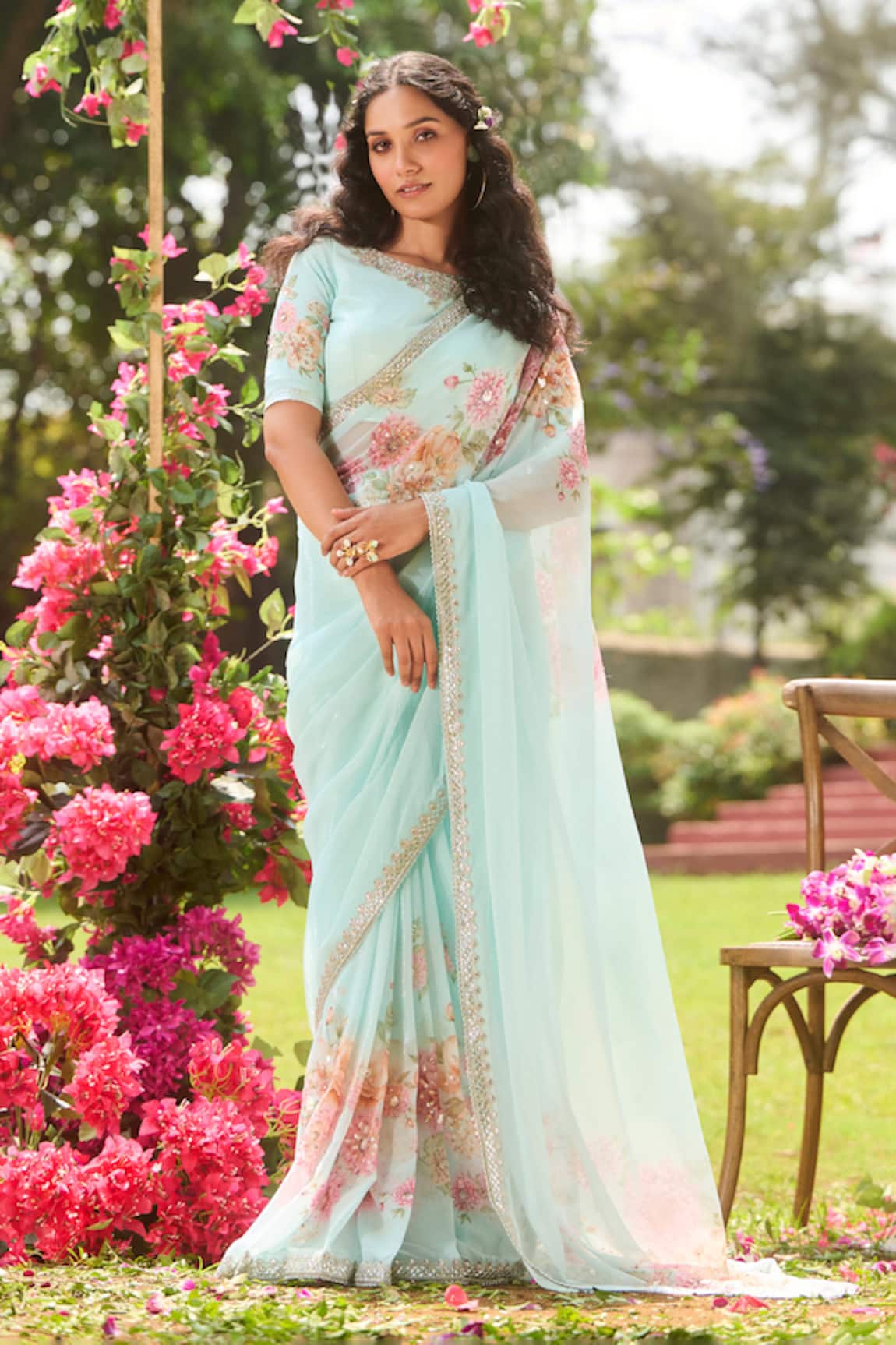 LASHKARAA Blue Floral Chiffon Saree Set 