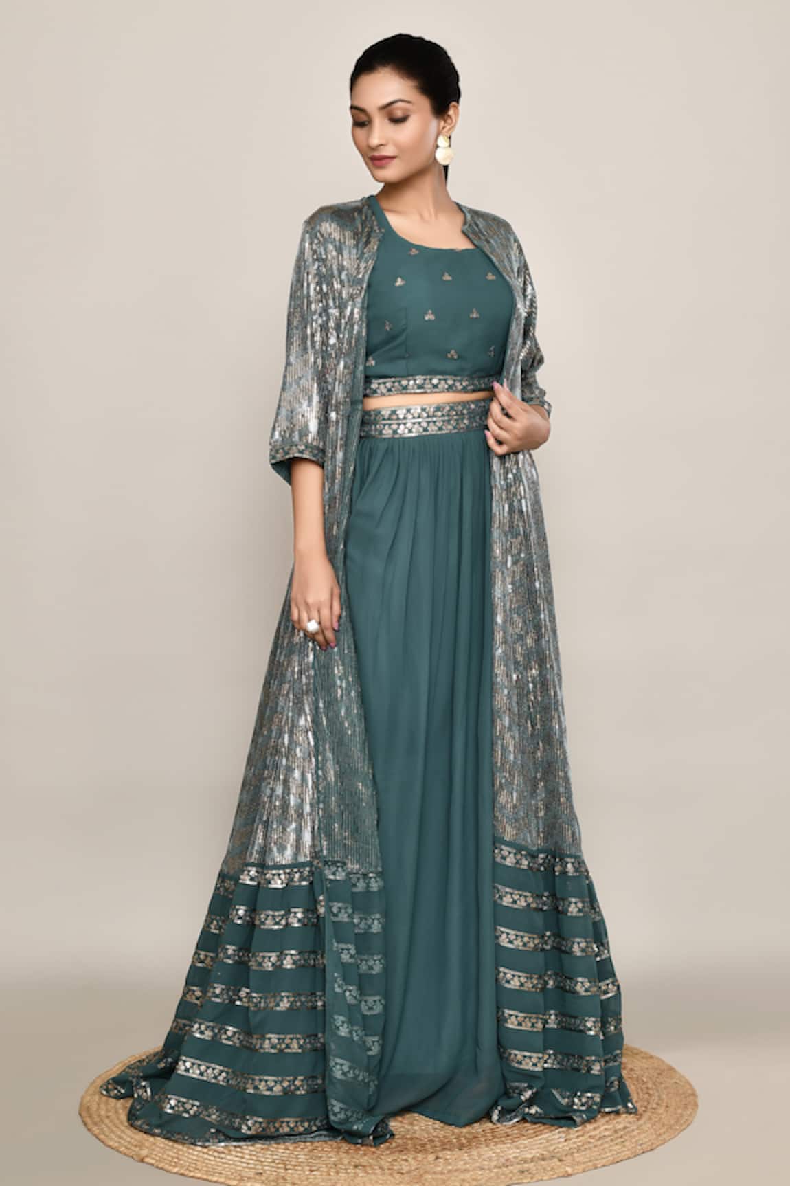Abbaran Teal Green Embroidered Lehenga Set 