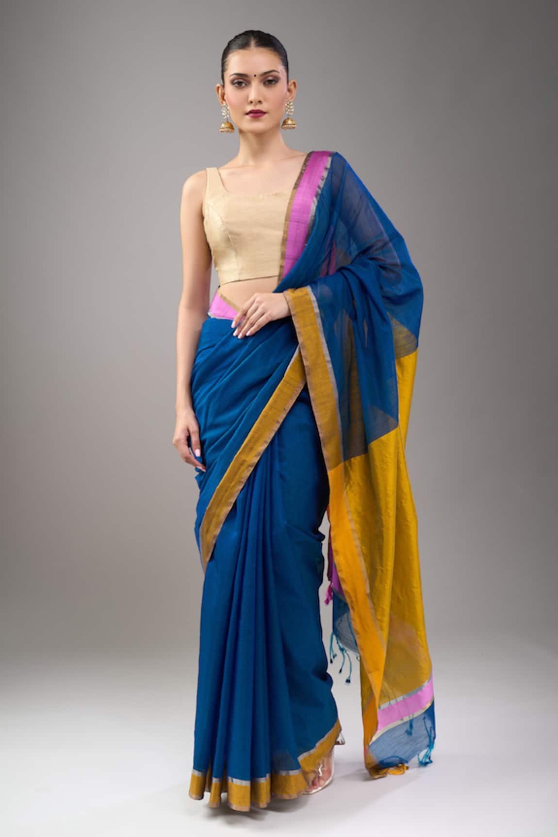 Mint N Oranges Handwoven Blue Chanderi Saree Set 