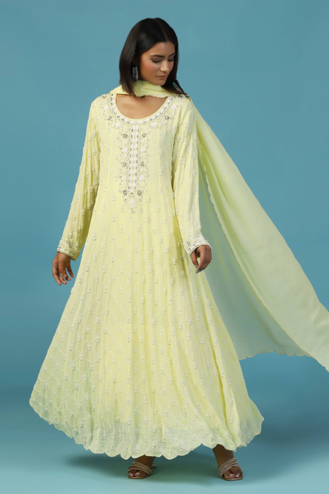Two Sisters By Gyans Yellow Georgette Anarkali Set 