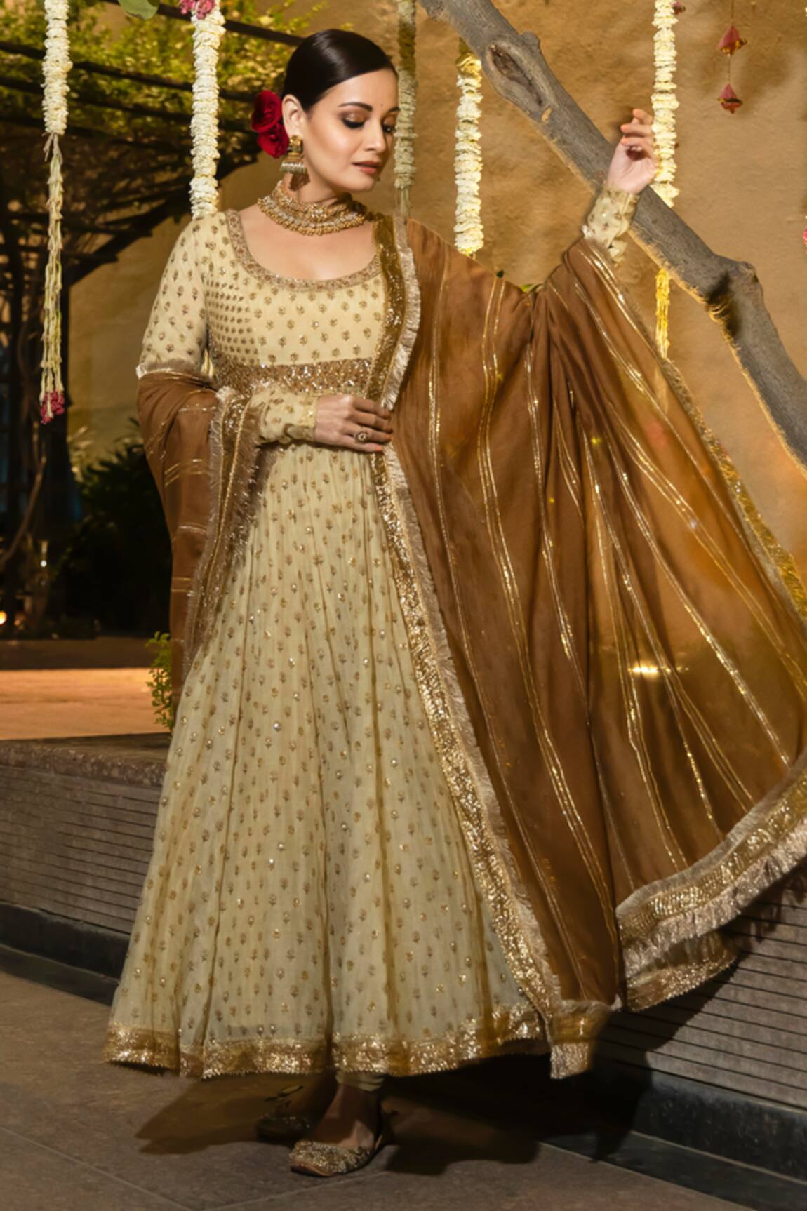 RI.Ritu Kumar Beige Zardozi Embroidered Anarkali Set 