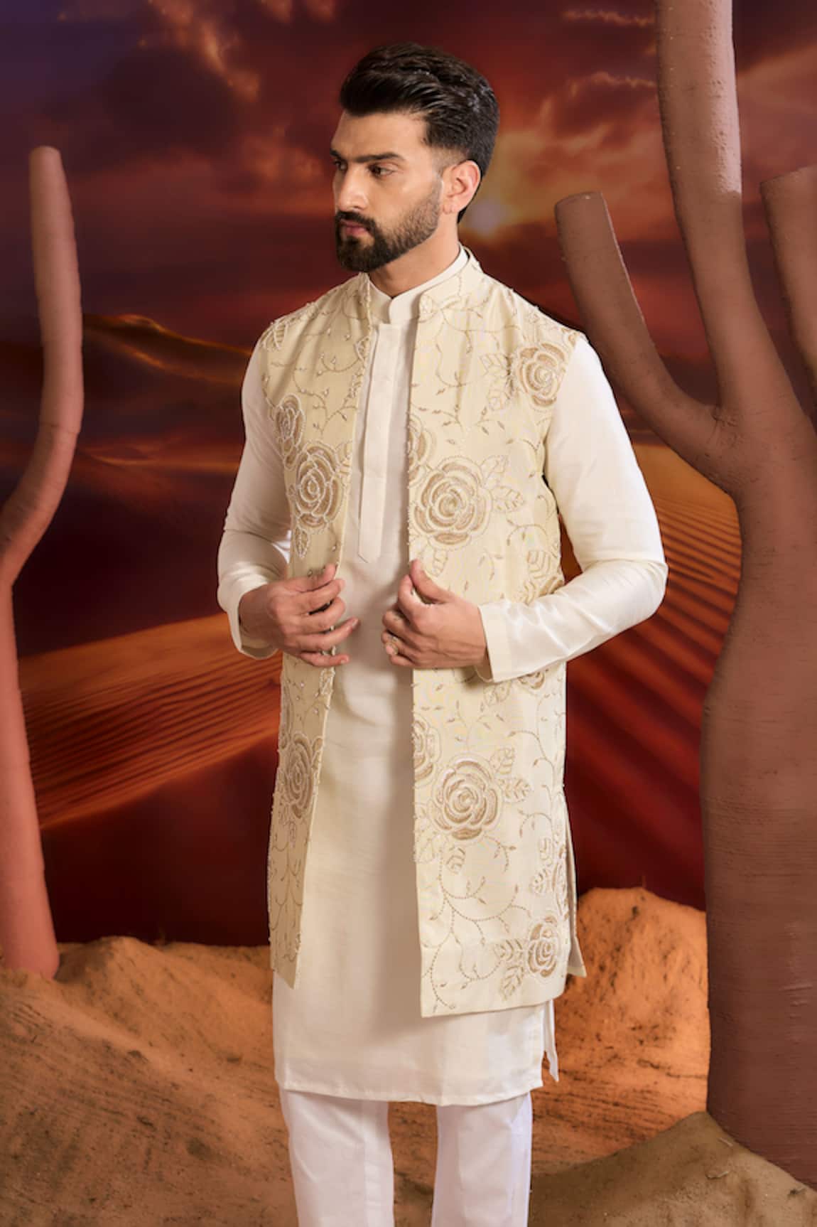 Kasbah Designer Floral Embroidered Nehru Jacket 