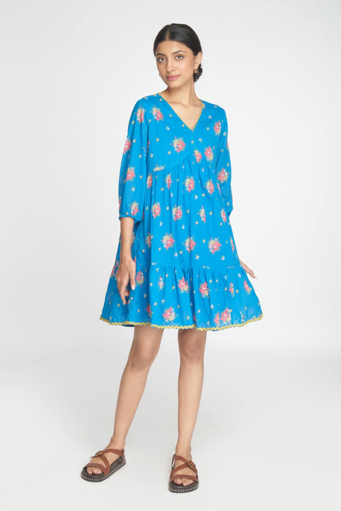 Sinjhar Floral Print Blue Short Dress 