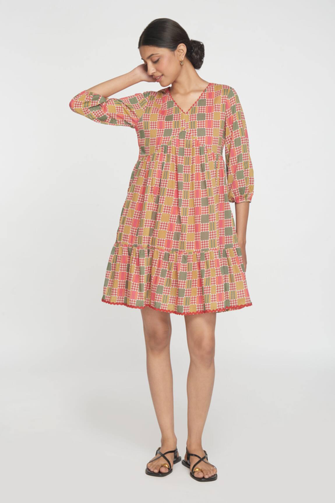 Sinjhar Red Cotton Printed Short Dress 