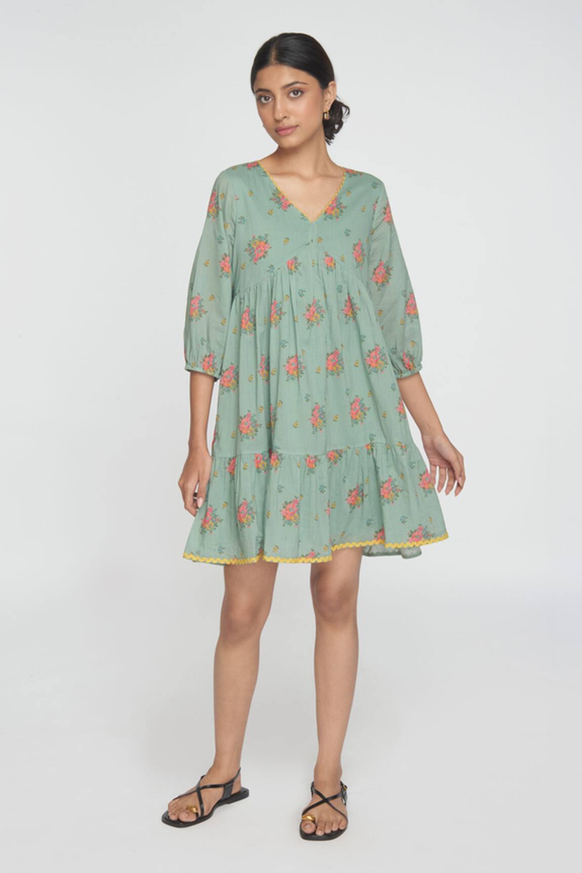 Sinjhar Dull Teal Floral Cotton Dress 