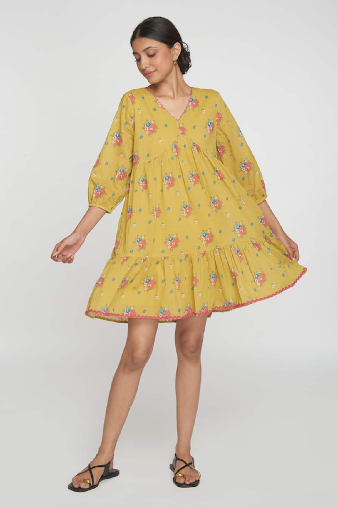 Sinjhar Floral Yellow Cotton Dress 