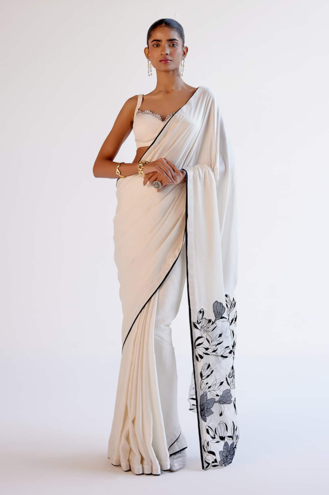 Devnaagri Ivory Floral Embroidered Saree Set 