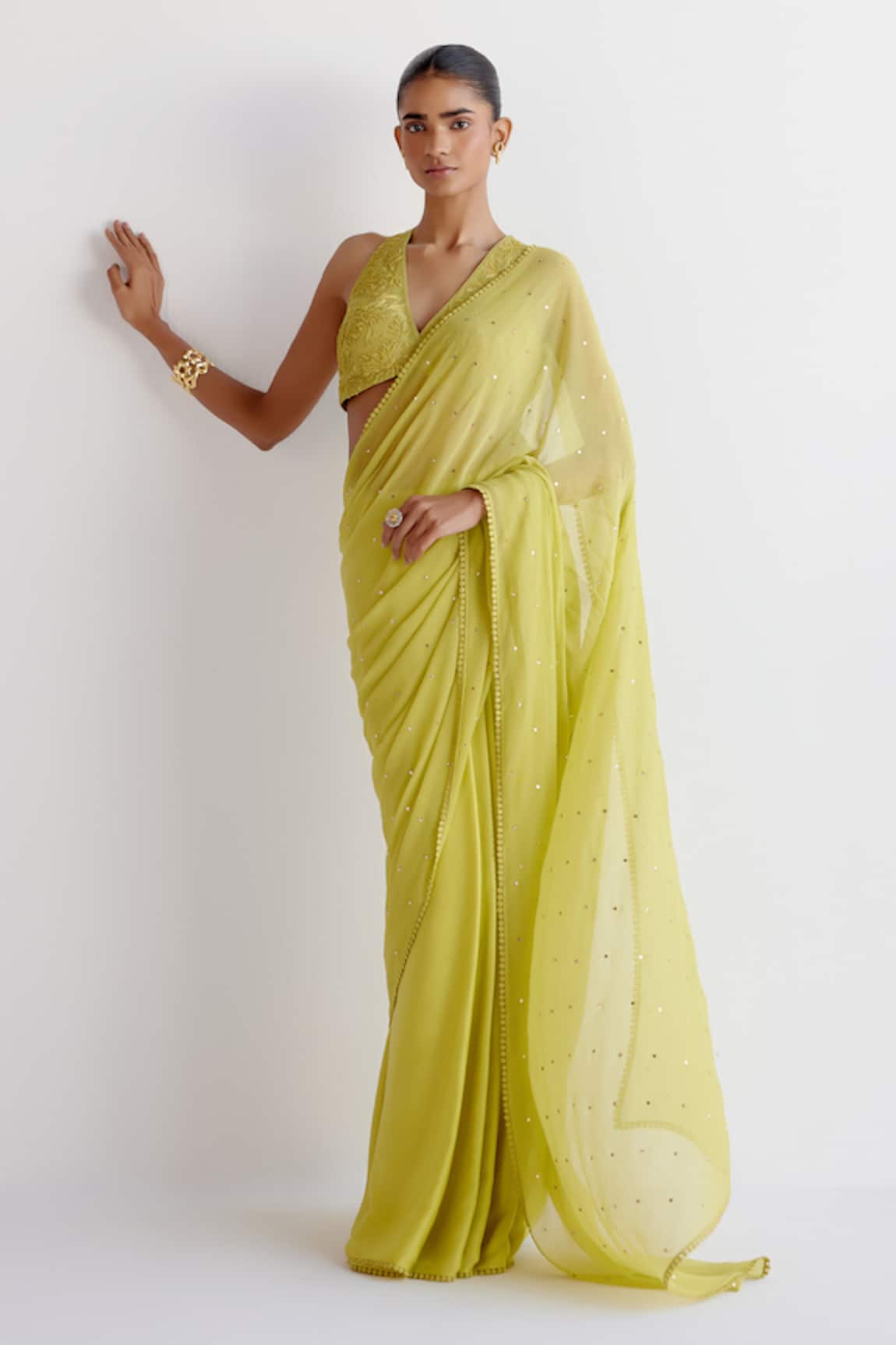 Devnaagri Embroidered Green Saree & Blouse Set 
