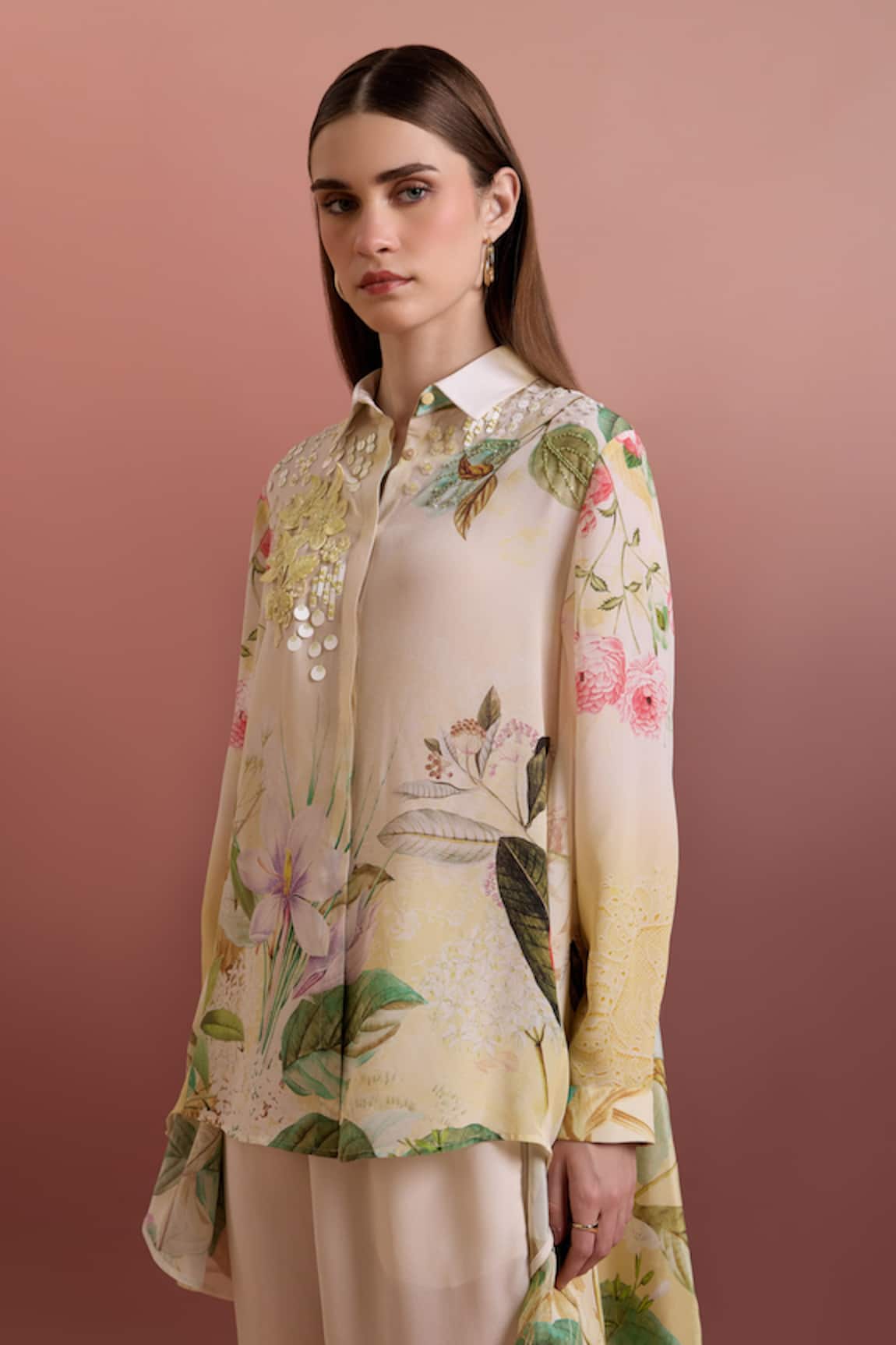Pankaj & Nidhi Embellished High-Low Silk Crepe Shirt 