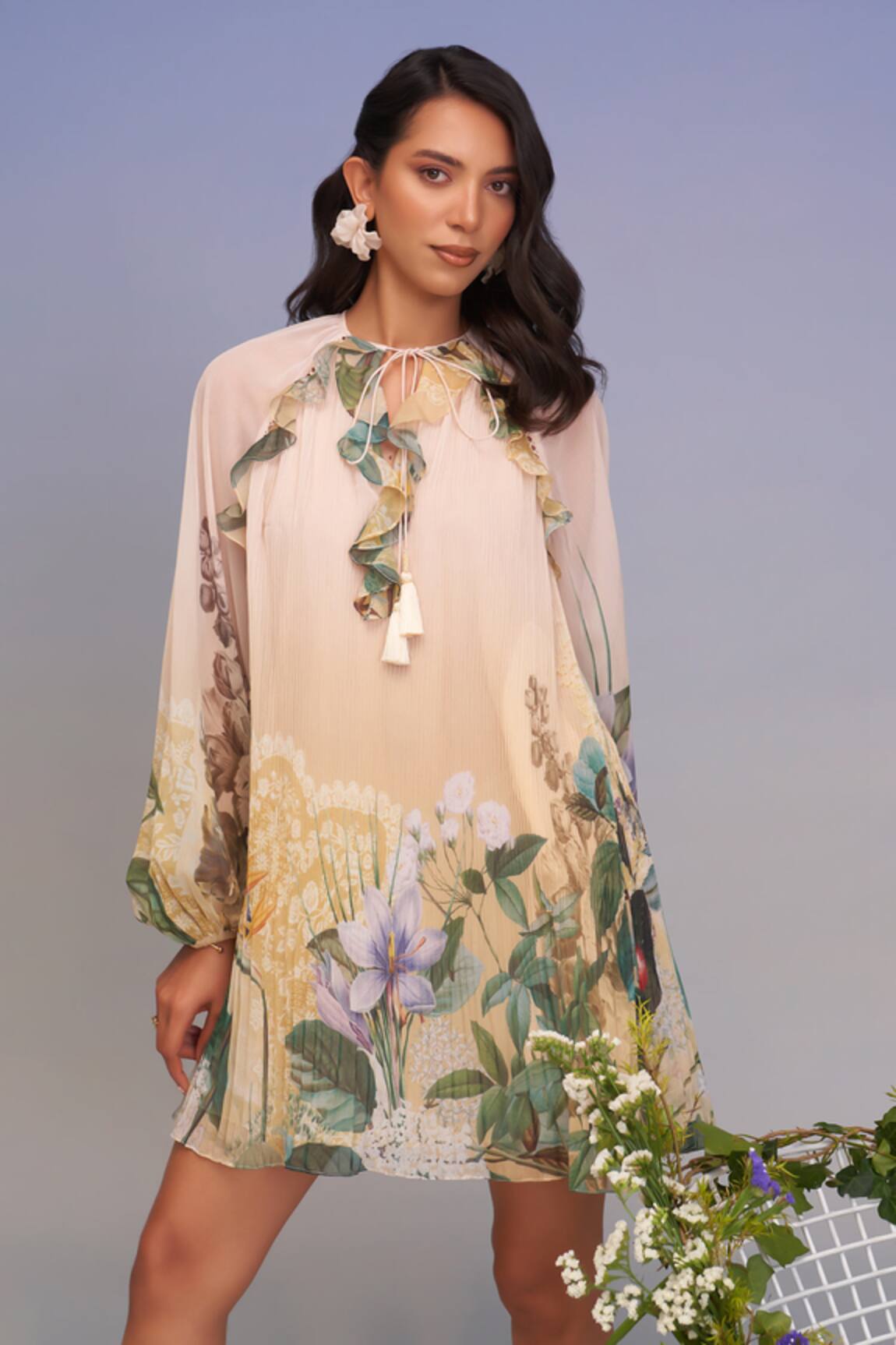 Pankaj & Nidhi Floral Pleated Mini Dress with Belt 