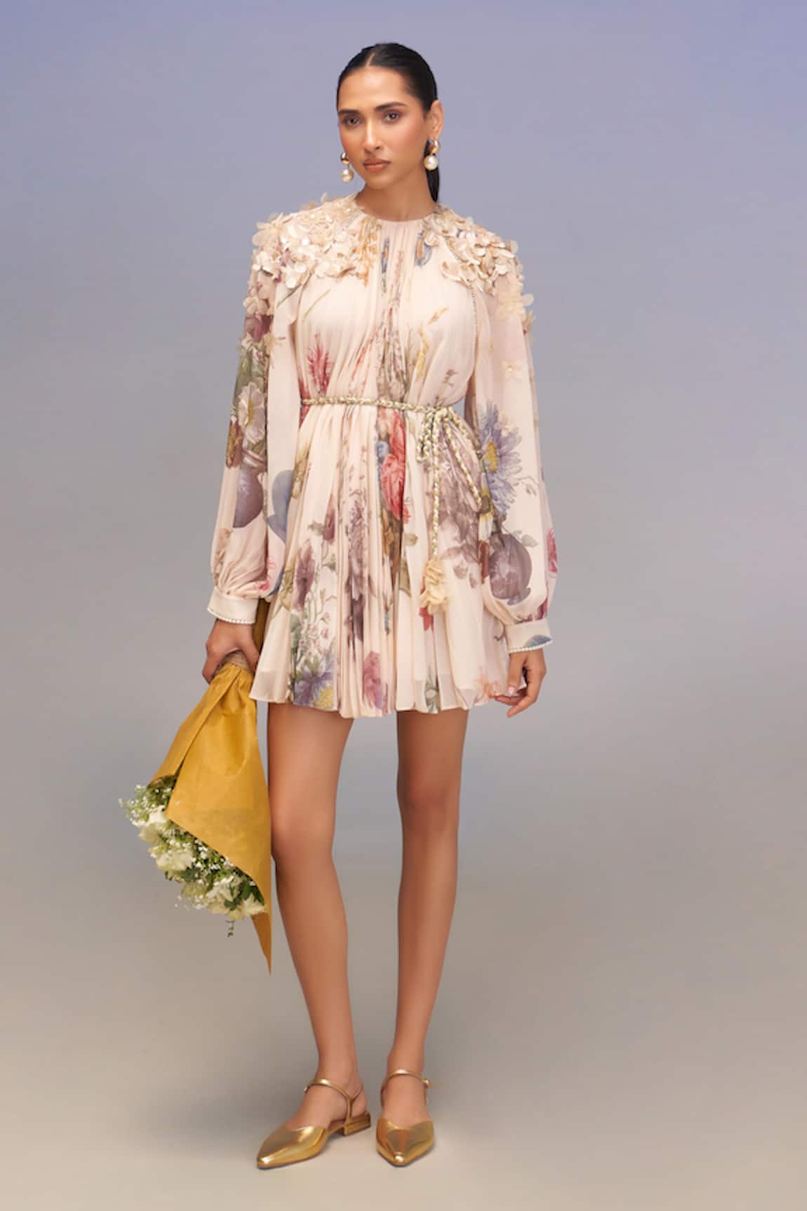 Pankaj & Nidhi Floral Pleated Mini Dress 