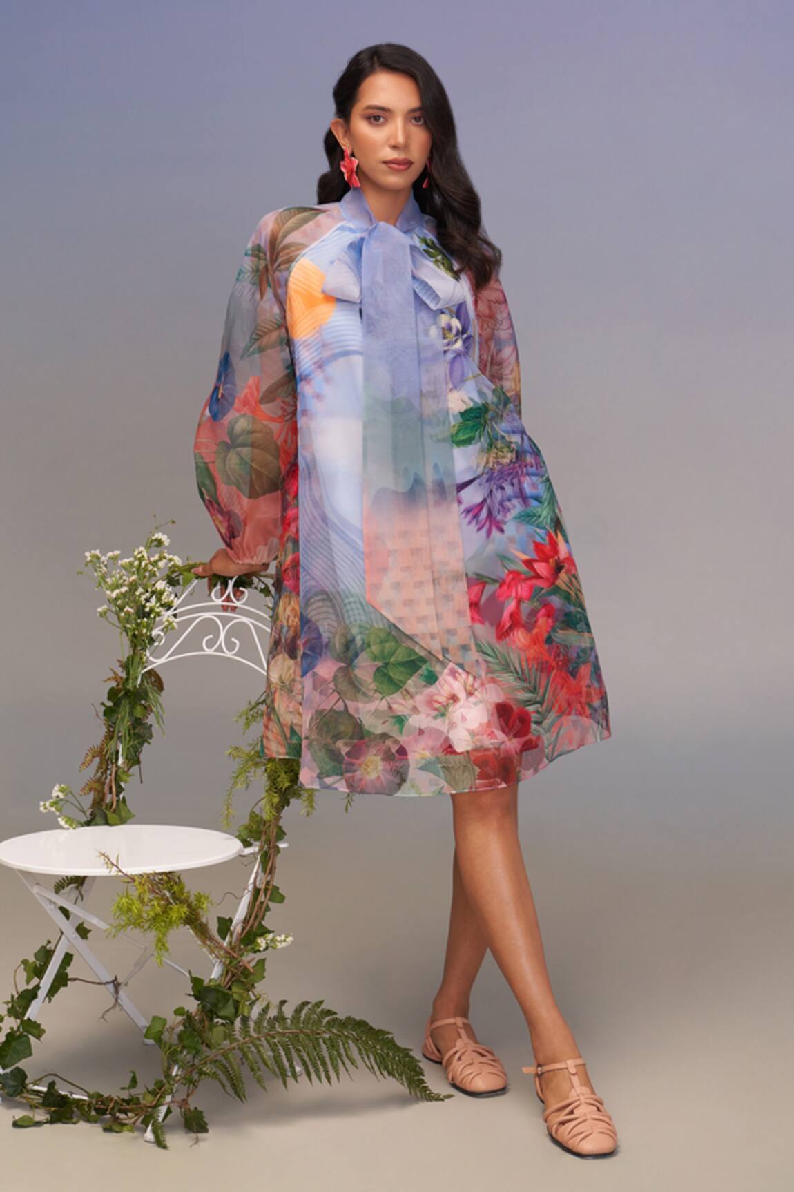 Pankaj & Nidhi Floral Organza Bow-Tie Midi Dress 