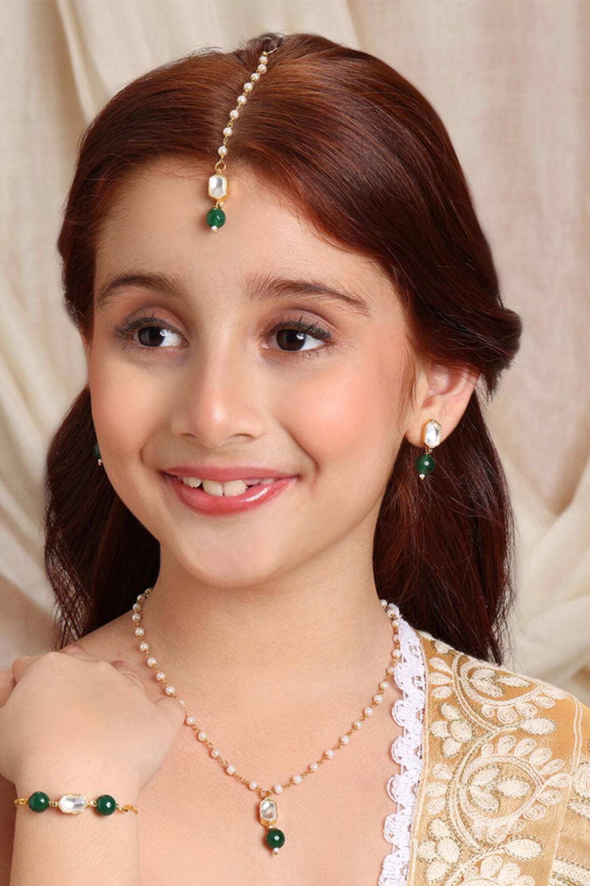 Ruby Raang Gold Plated Green Polki Kundan Jewellery Set 