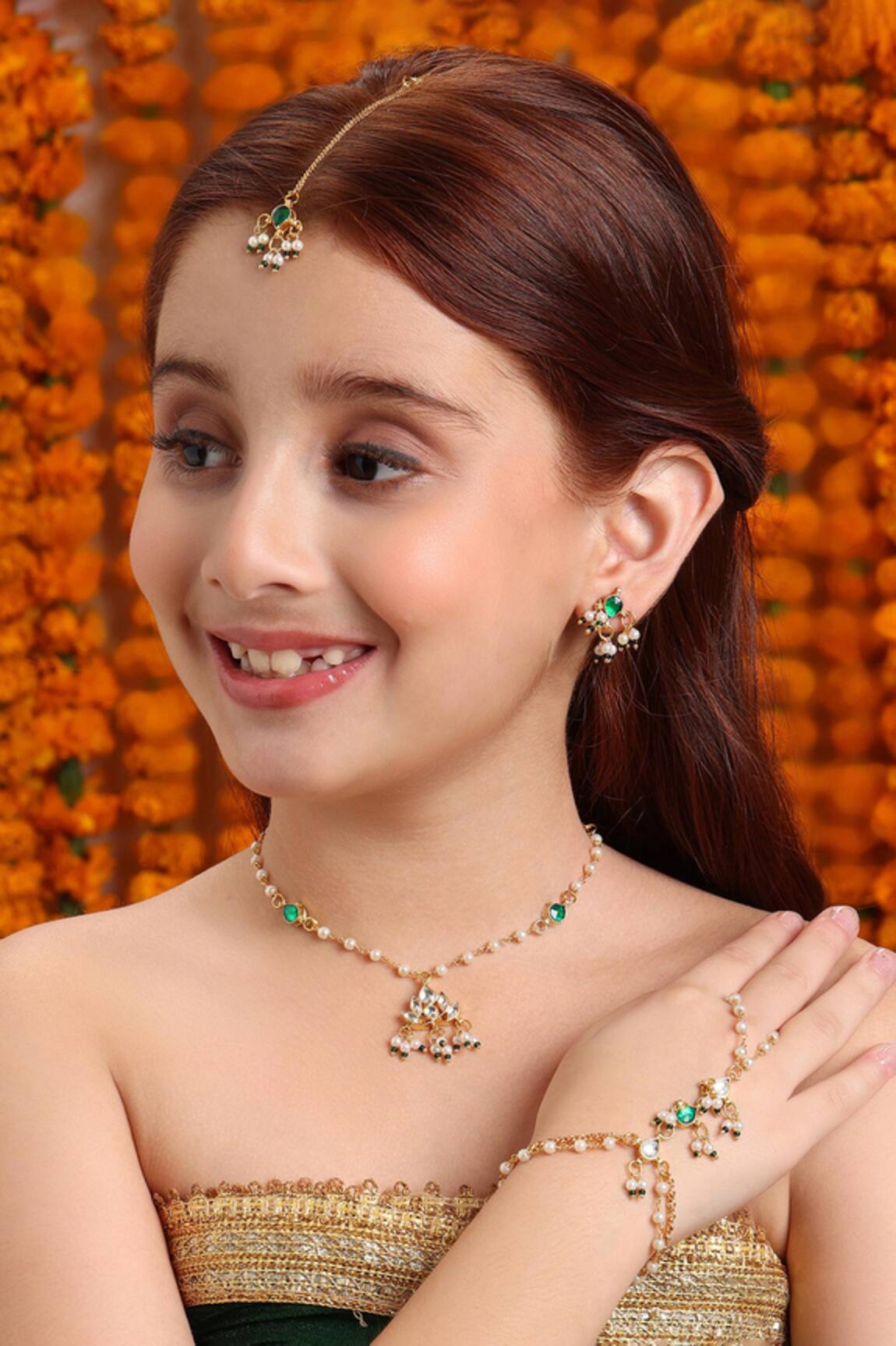 Ruby Raang Gold Plated Green Kundan Jewellery Set 