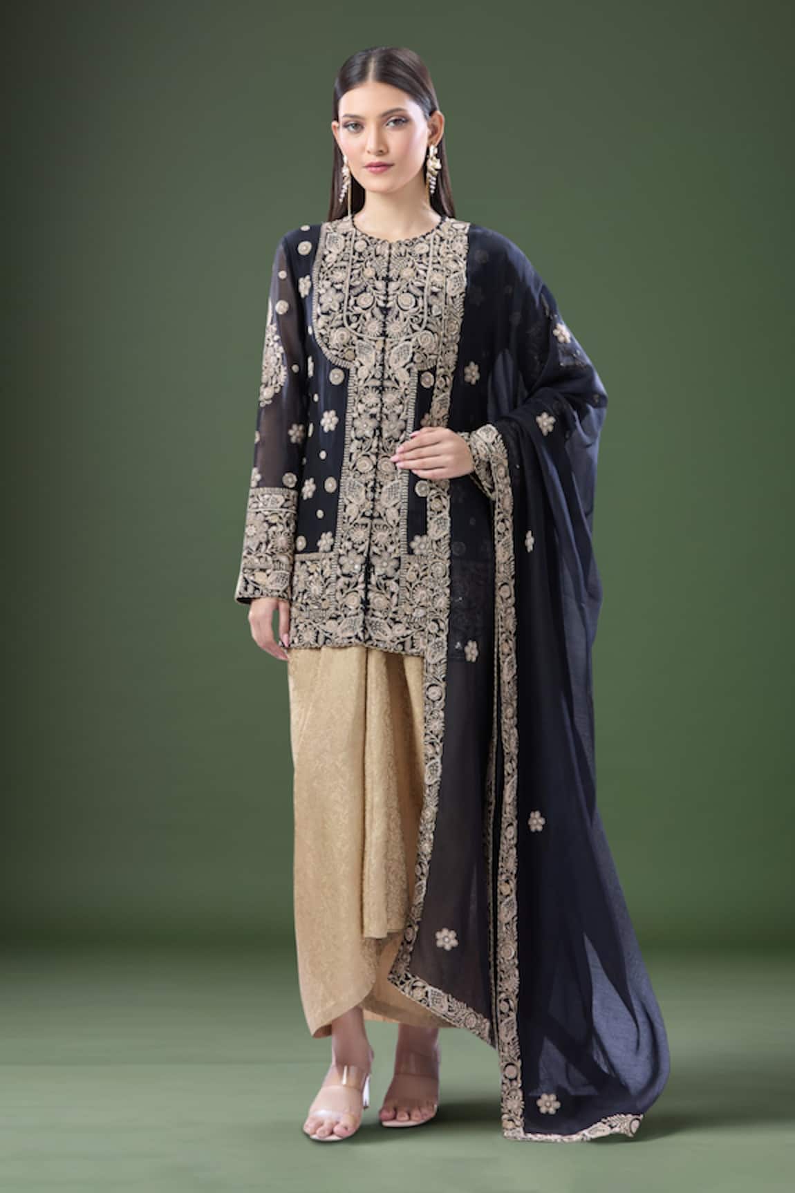 Anamika Khanna Floral Embroidered Kurta Draped Skirt Set 