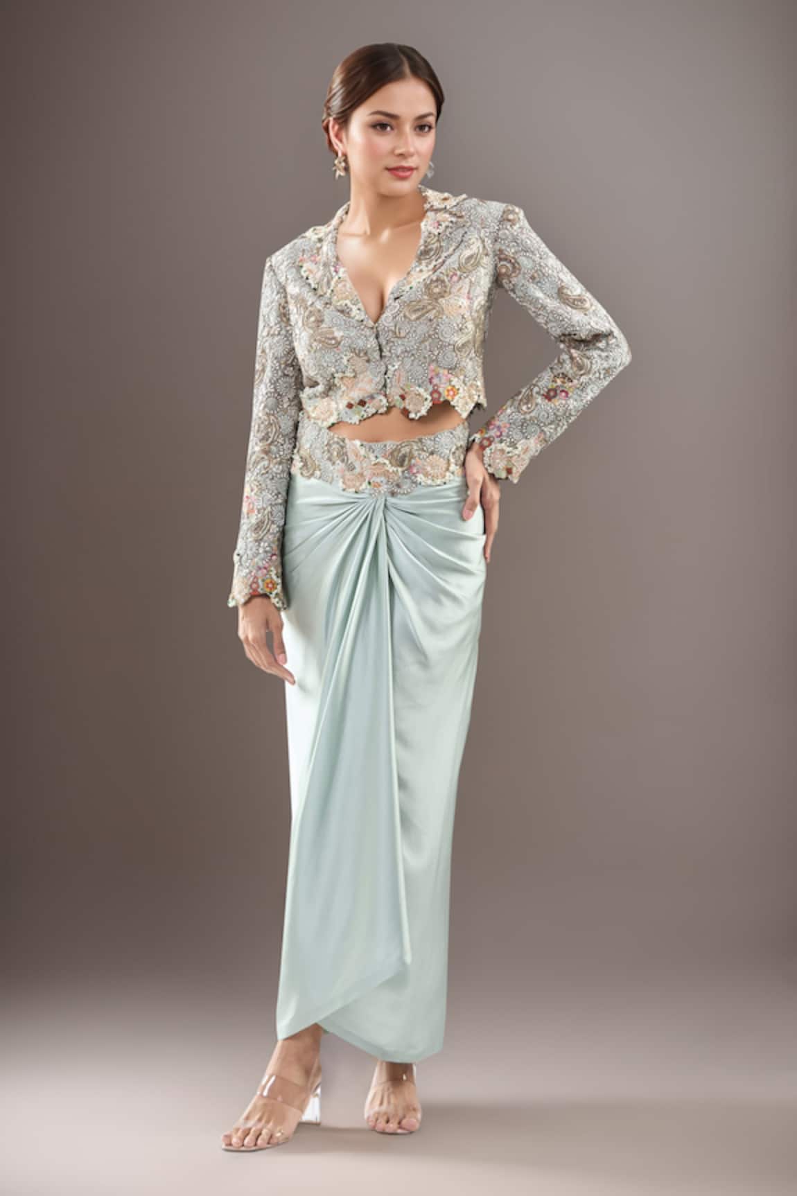 Anamika Khanna Paisley Embroidered Jacket & Draped Skirt Set 