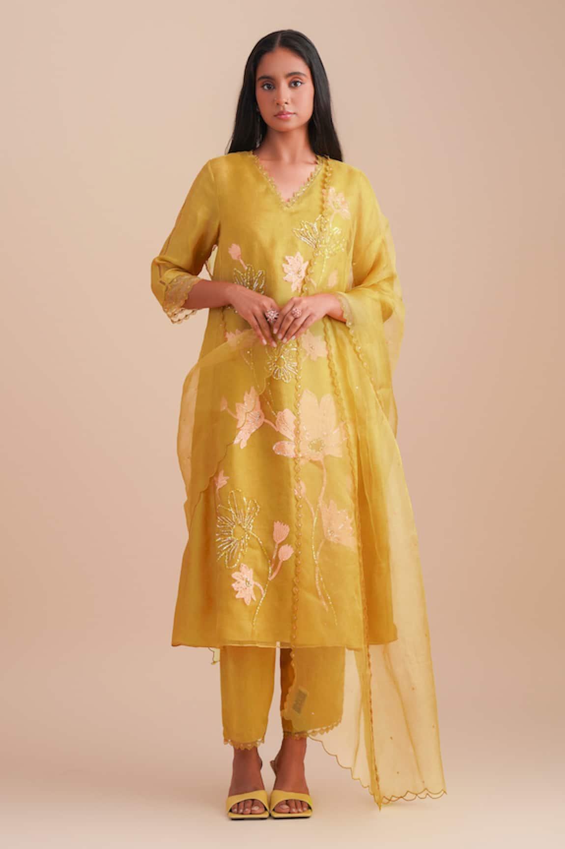 One Not Two Floral Lace Embroidered Yellow Dupatta 