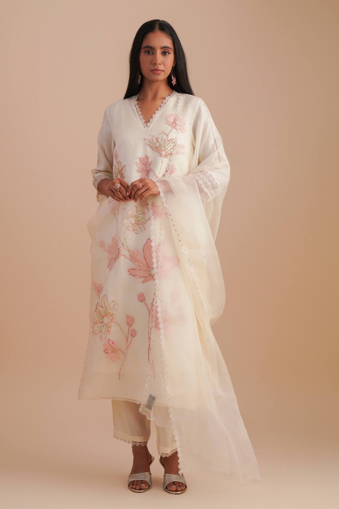 One Not Two Floral Embroidered Silk Organza Dupatta 
