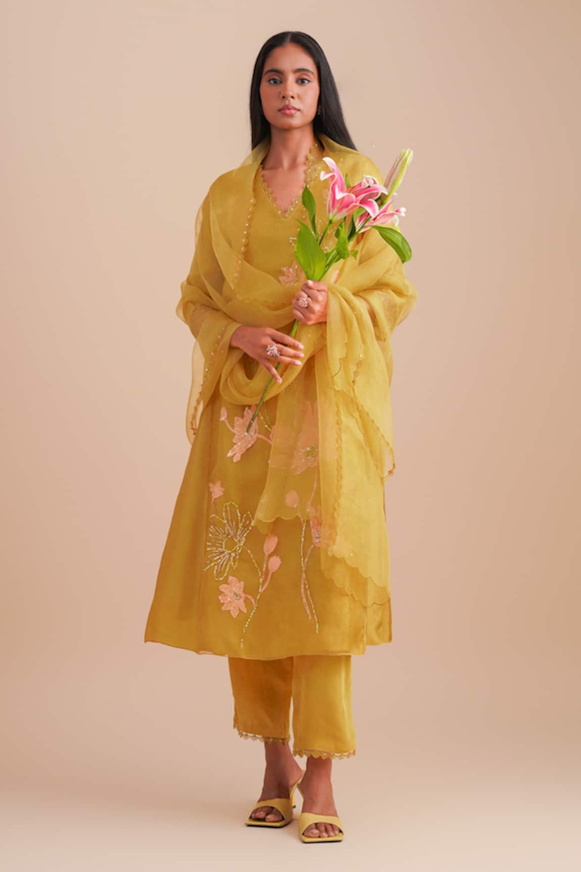 One Not Two Floral Applique Yellow Kurta Set 