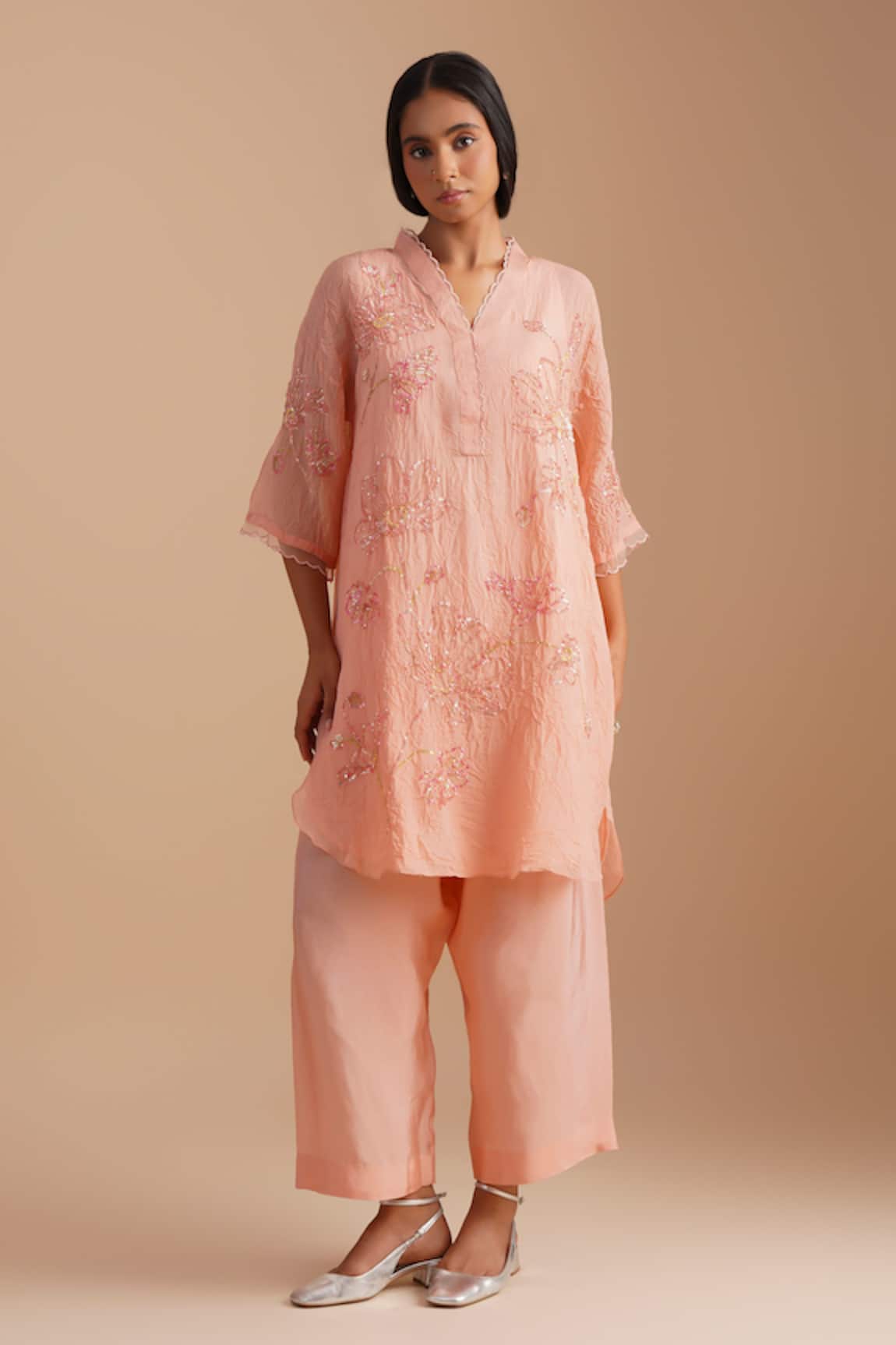 One Not Two Floral Embroidered Pink Kurta Set 