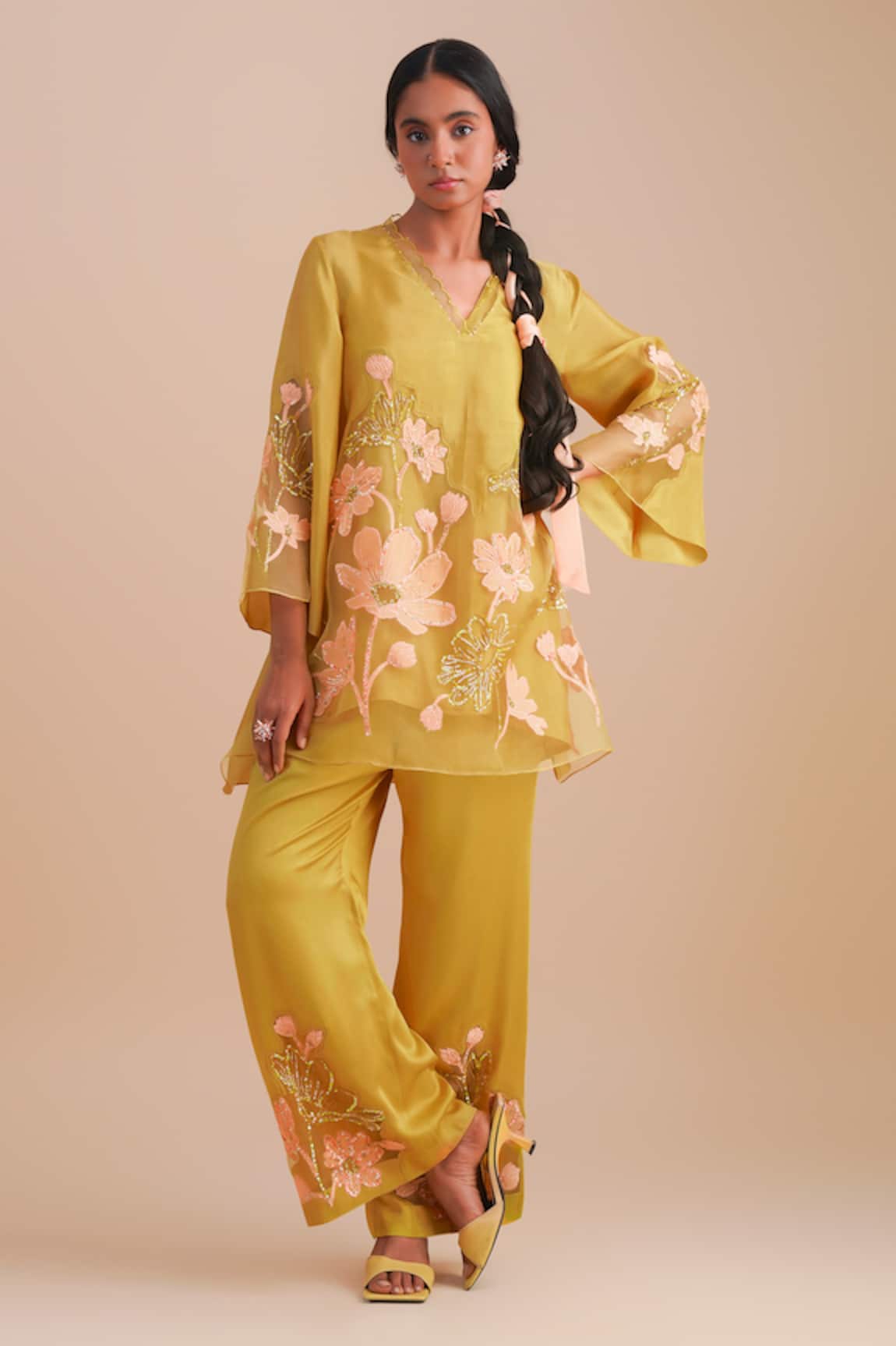 One Not Two Floral Applique Yellow Kurta Set 