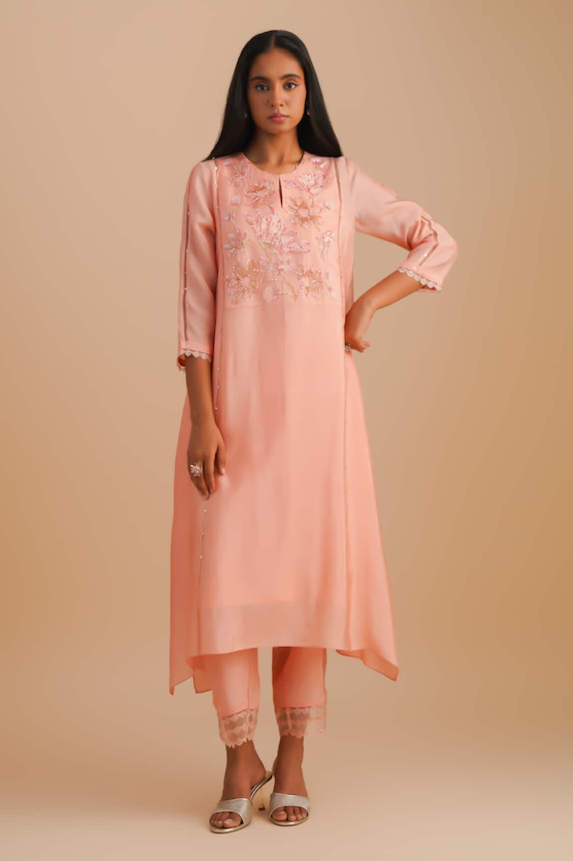 One Not Two Floral Applique Pink Kurta Set 