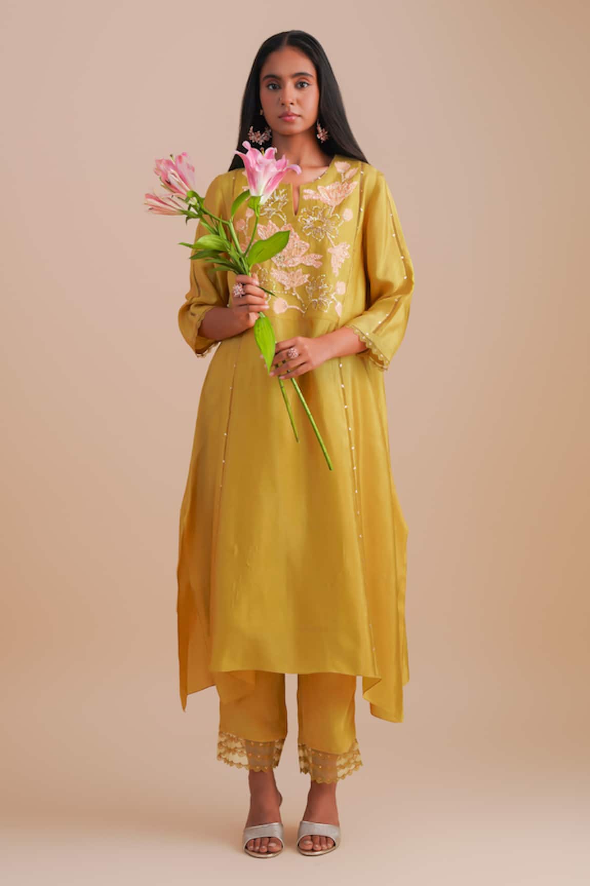 One Not Two Floral Applique Yellow Kurta Set 