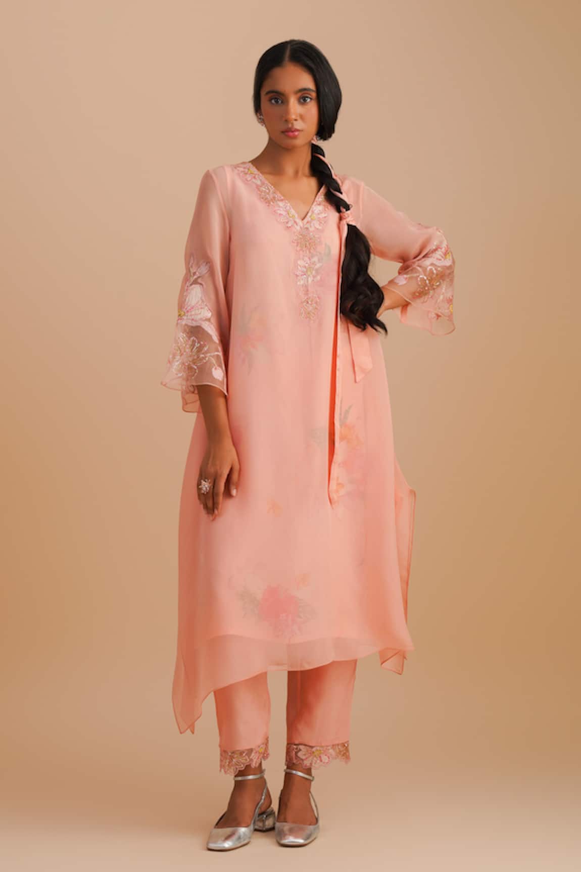 One Not Two Floral Applique Pink Kurta Set 