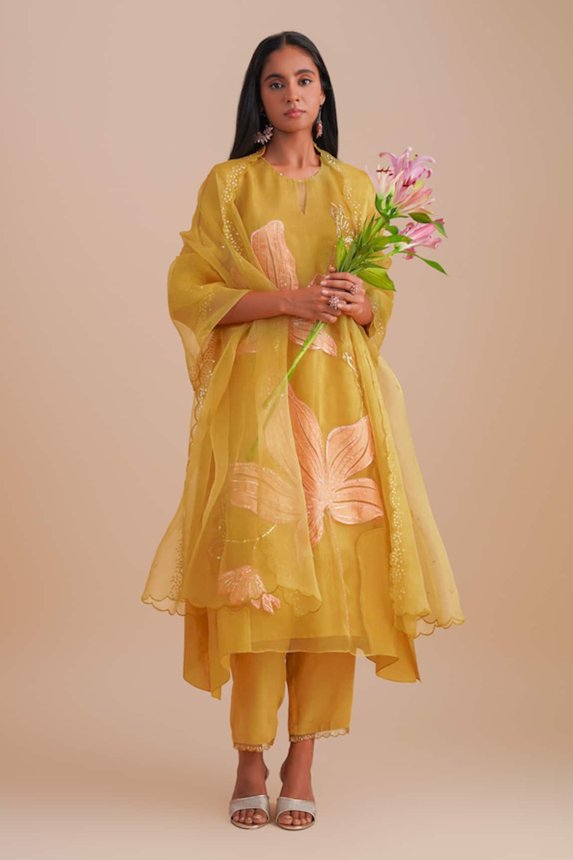 One Not Two Floral Applique Yellow Kurta Set 