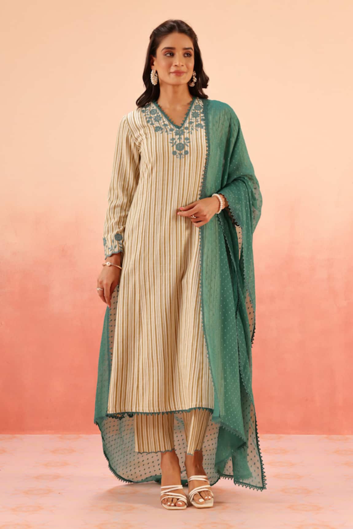 Dohr India Beige Striped Kurta Pant Dupatta Set 