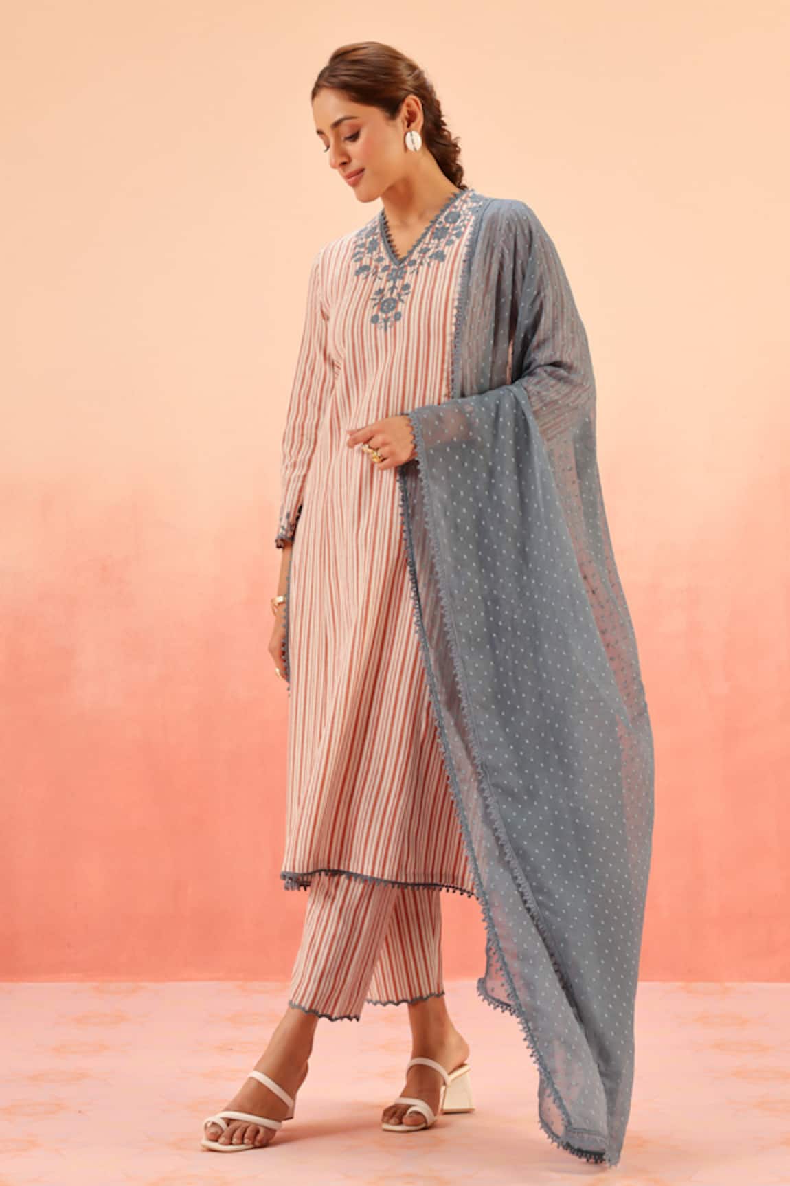 Dohr India Red Striped Kurta Pant Dupatta Set 