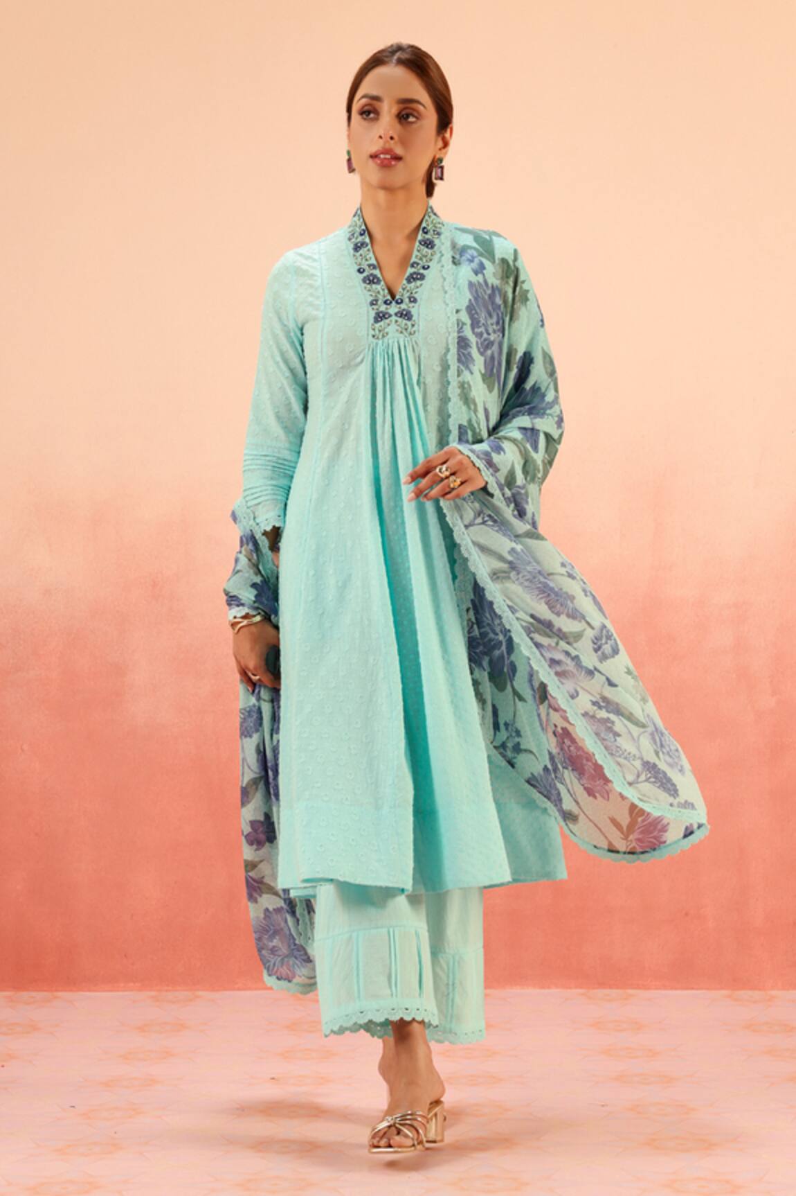 Dohr India Designer Kurta Pant Dupatta Set 