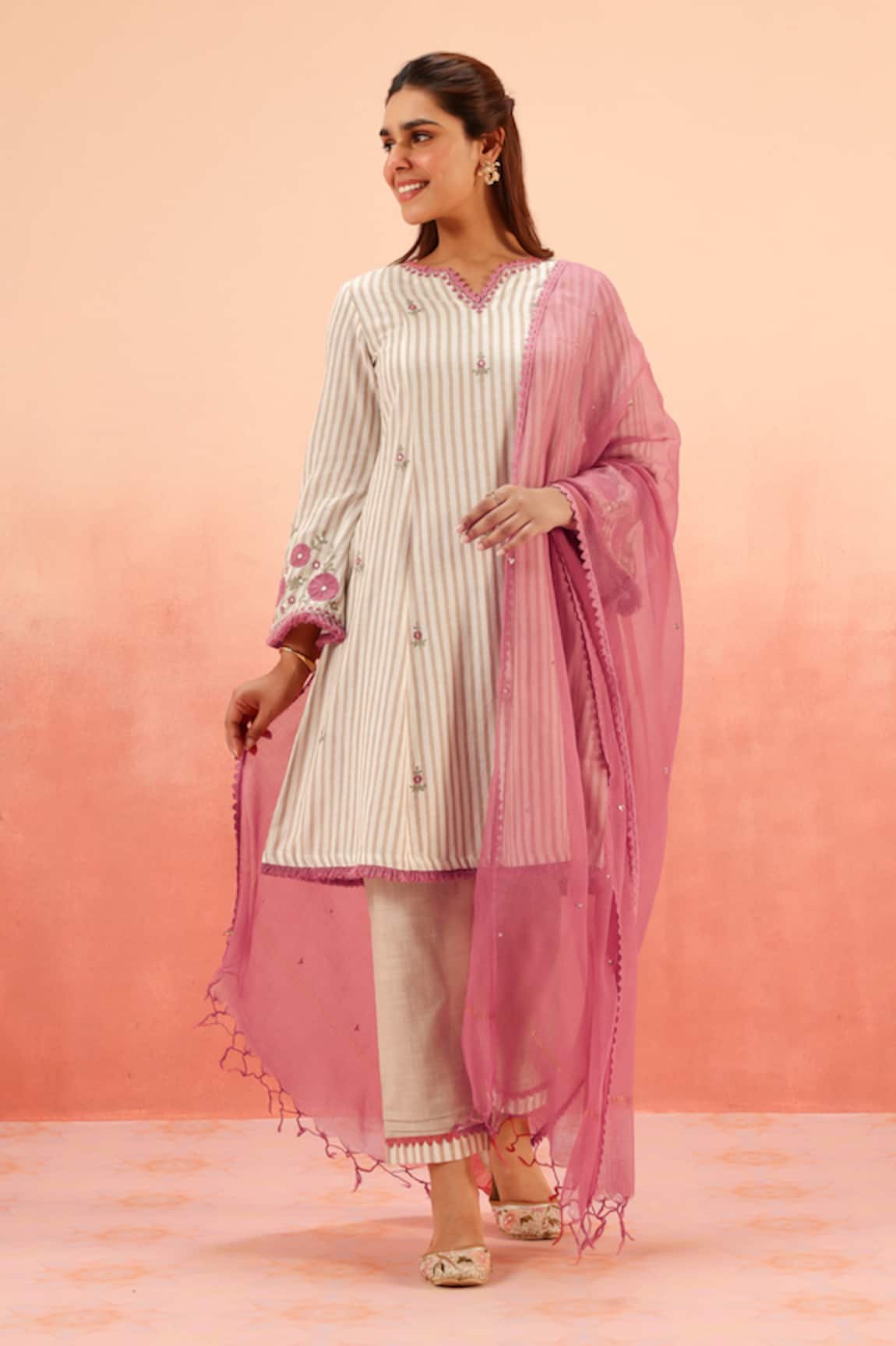 Dohr India Beige Striped Kurta Pant Dupatta Set 