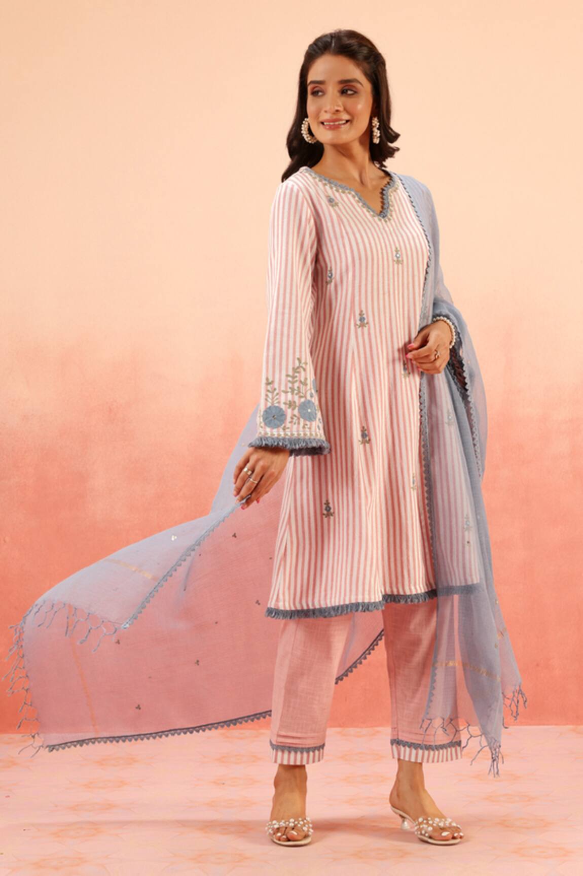 Dohr India Pink Striped Kurta Pant Dupatta Set 