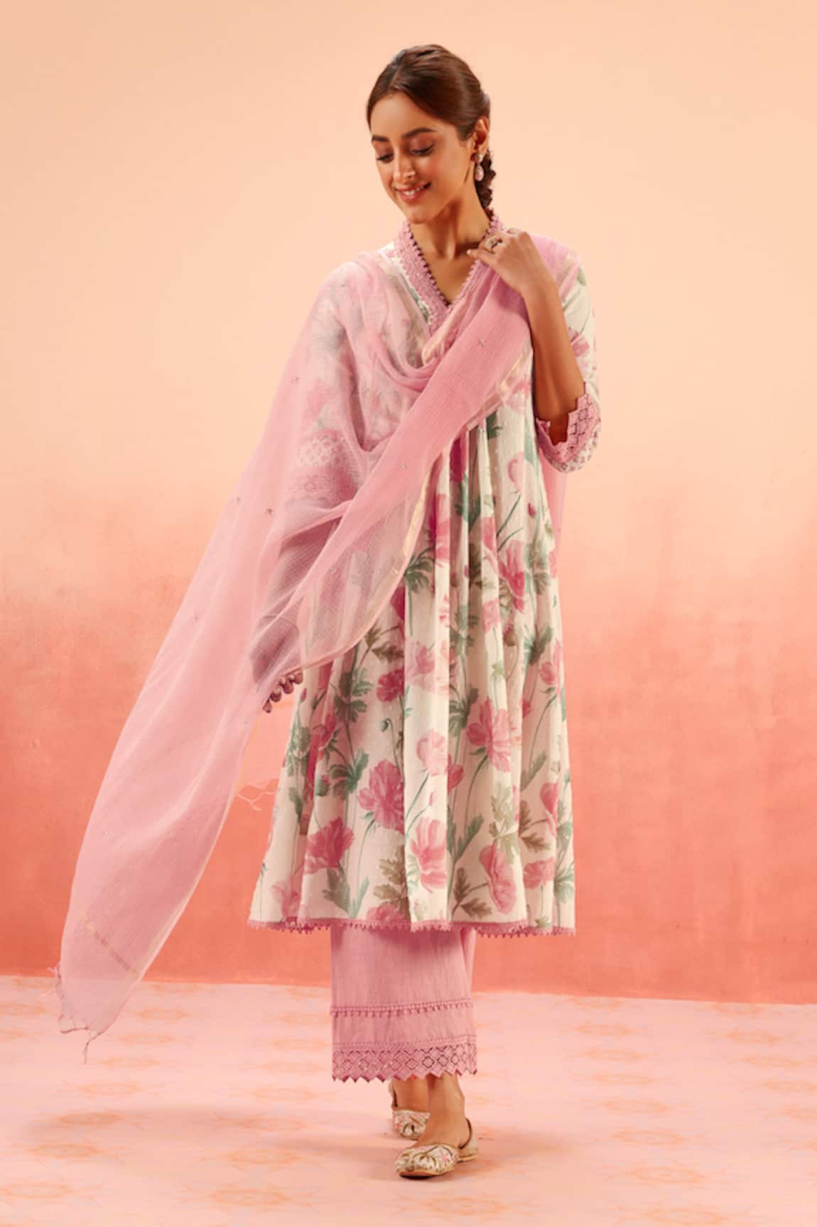 Dohr India Floral Print Kurta Pant Dupatta Set 
