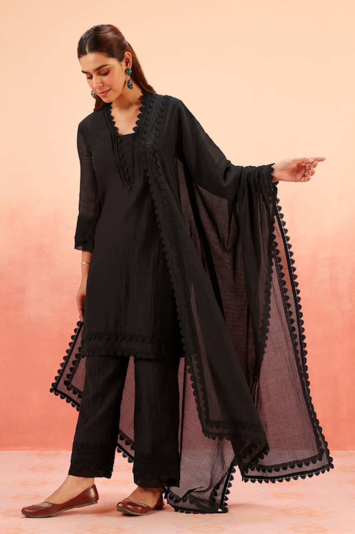 Dohr India Black Cotton Silk Kurta Pant Dupatta Set 