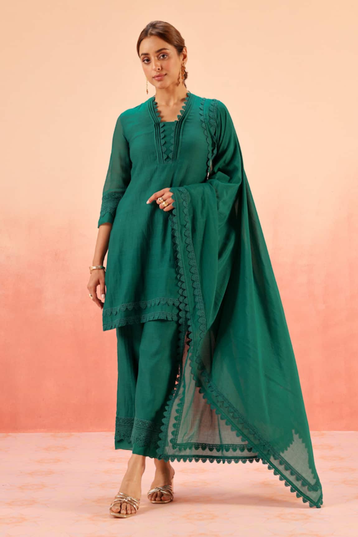 Dohr India Emerald Green Cotton Silk Kurta Set 