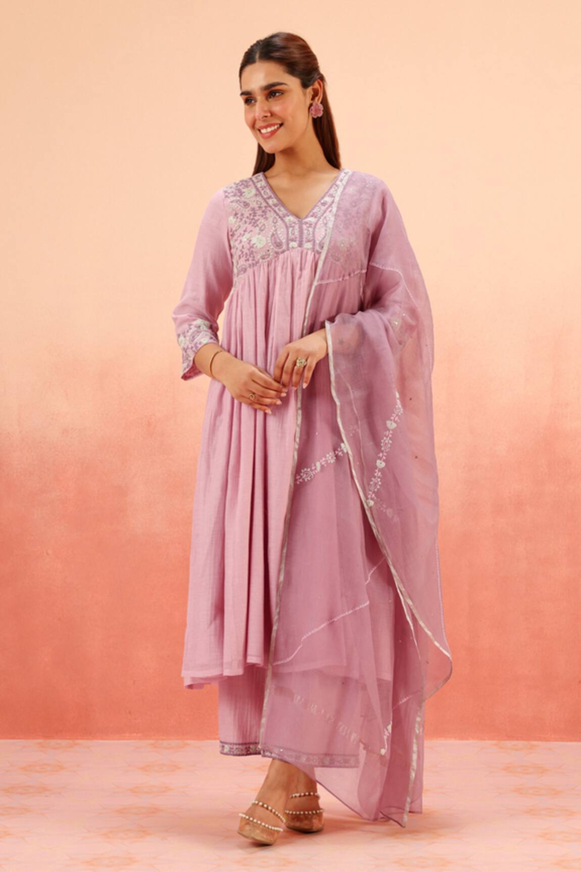 Dohr India Purple Cotton Silk Anarkali Set 