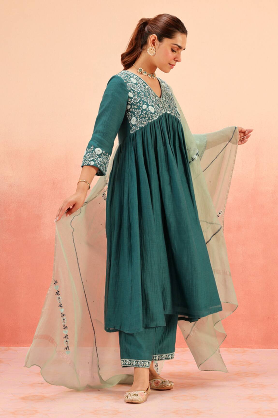 Dohr India Teal Green Embroidered Anarkali Set 