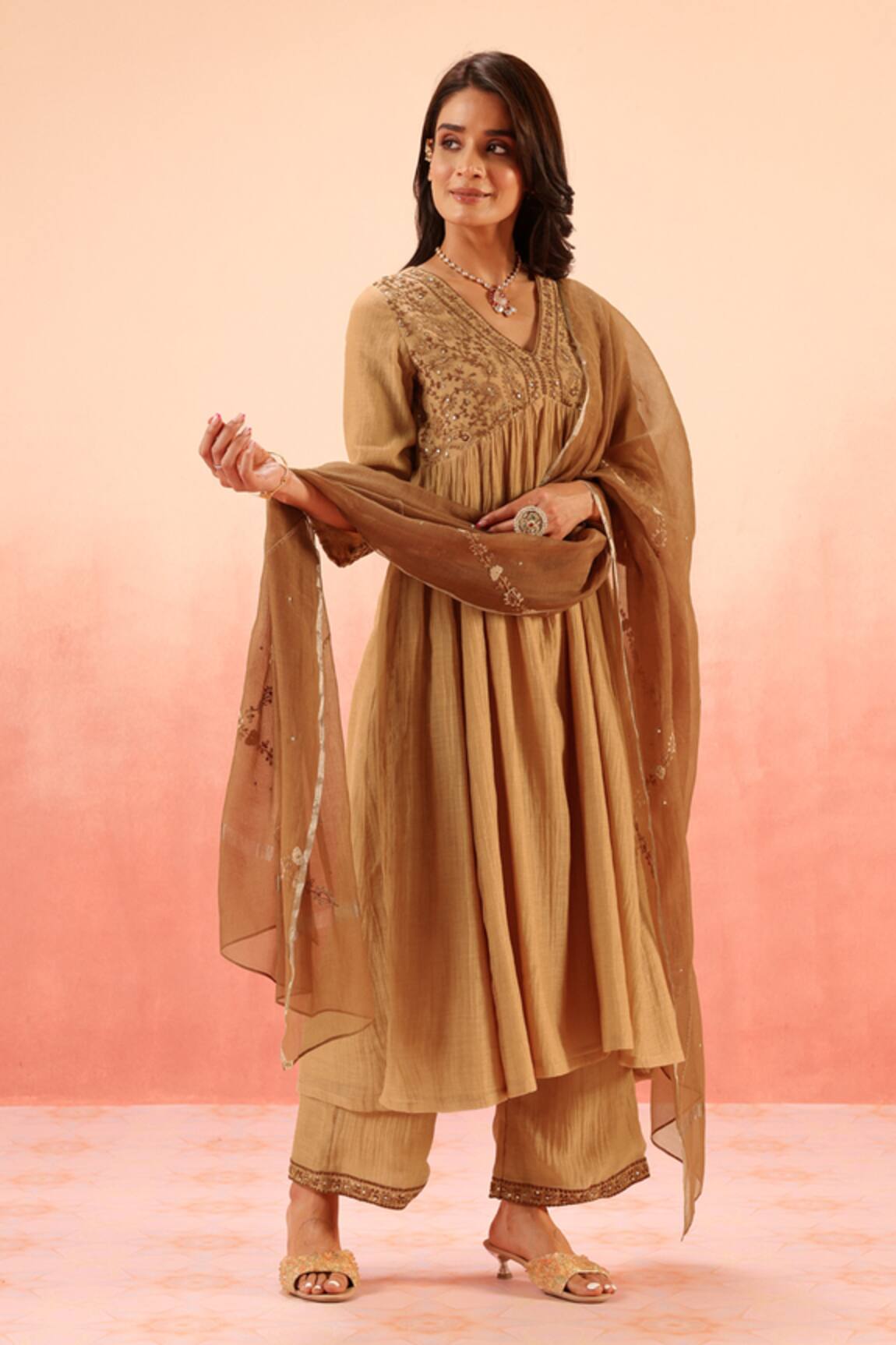 Dohr India Tan Brown Embroidered Anarkali Set 
