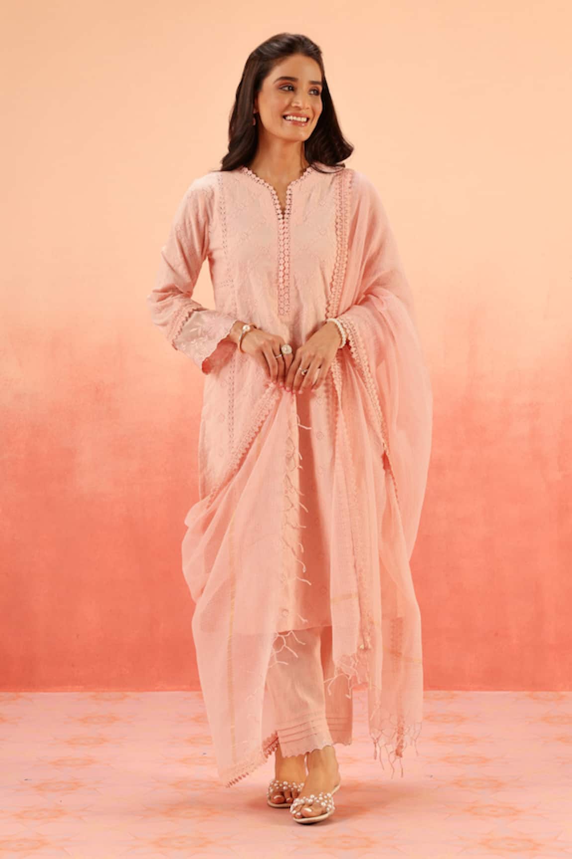 Dohr India Pink Cotton Schiffli Kurta Pant Dupatta Set 