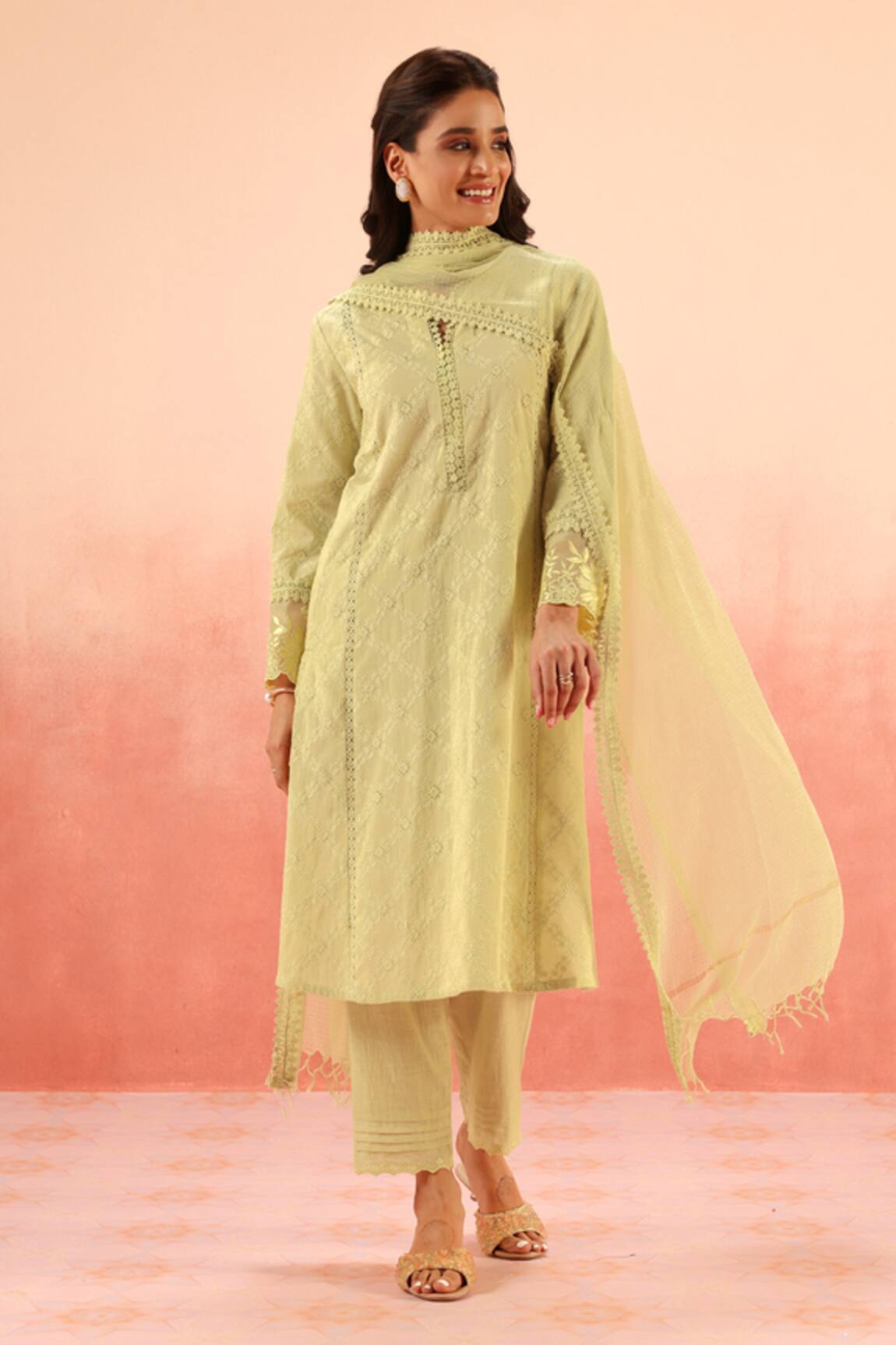 Dohr India Green Cotton Schiffli Kurta Pant Dupatta Set 