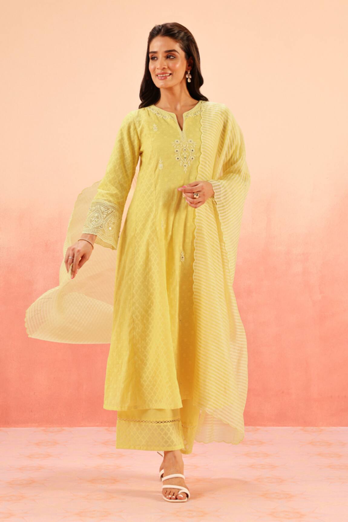 Dohr India Yellow Jacquard Kurta Pant Dupatta Set 