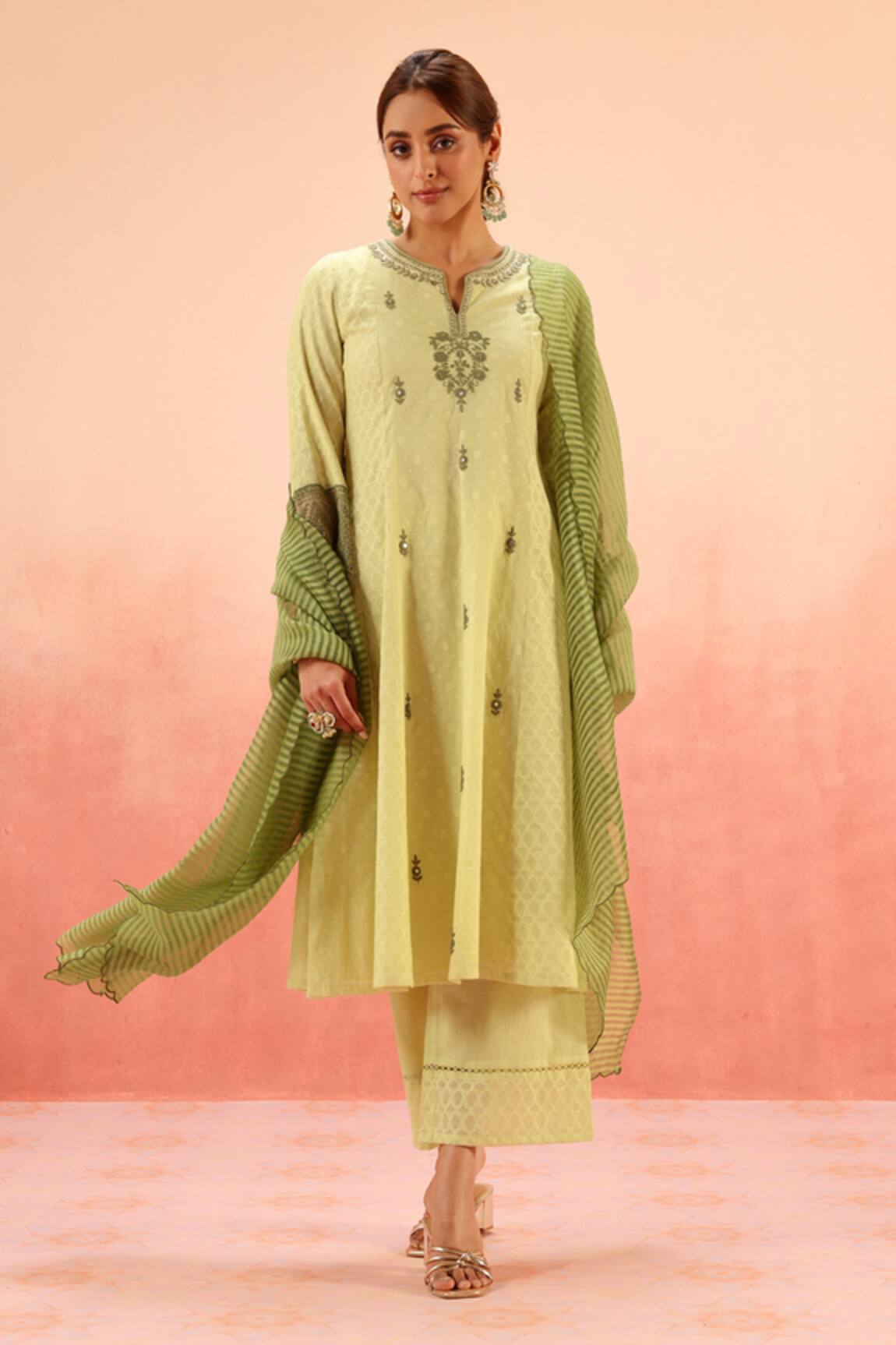Dohr India Lime Green Jacquard Kurta Pant Dupatta Set 