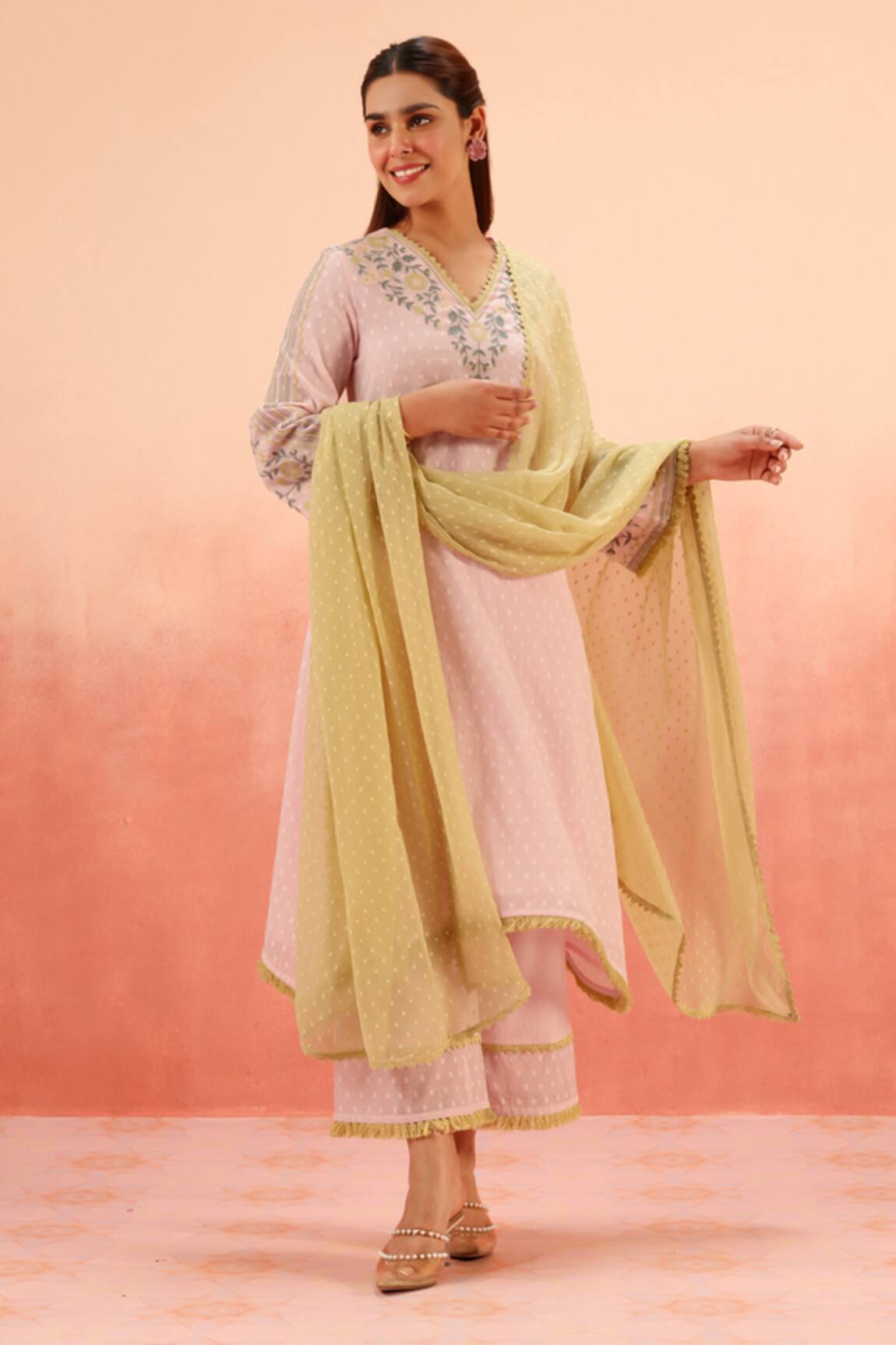 Dohr India Embroidered Kurta Pant Dupatta Set 