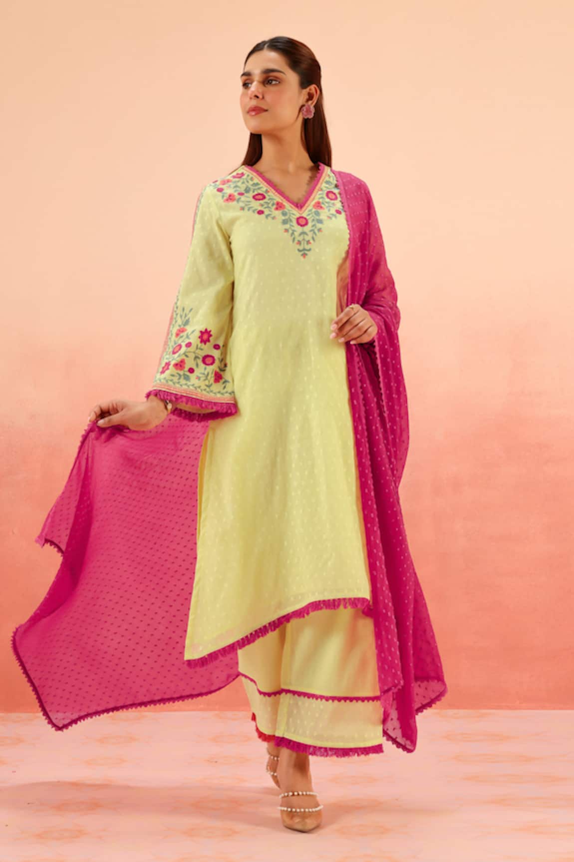 Dohr India Lime High-Low Kurta Set with Dupatta 
