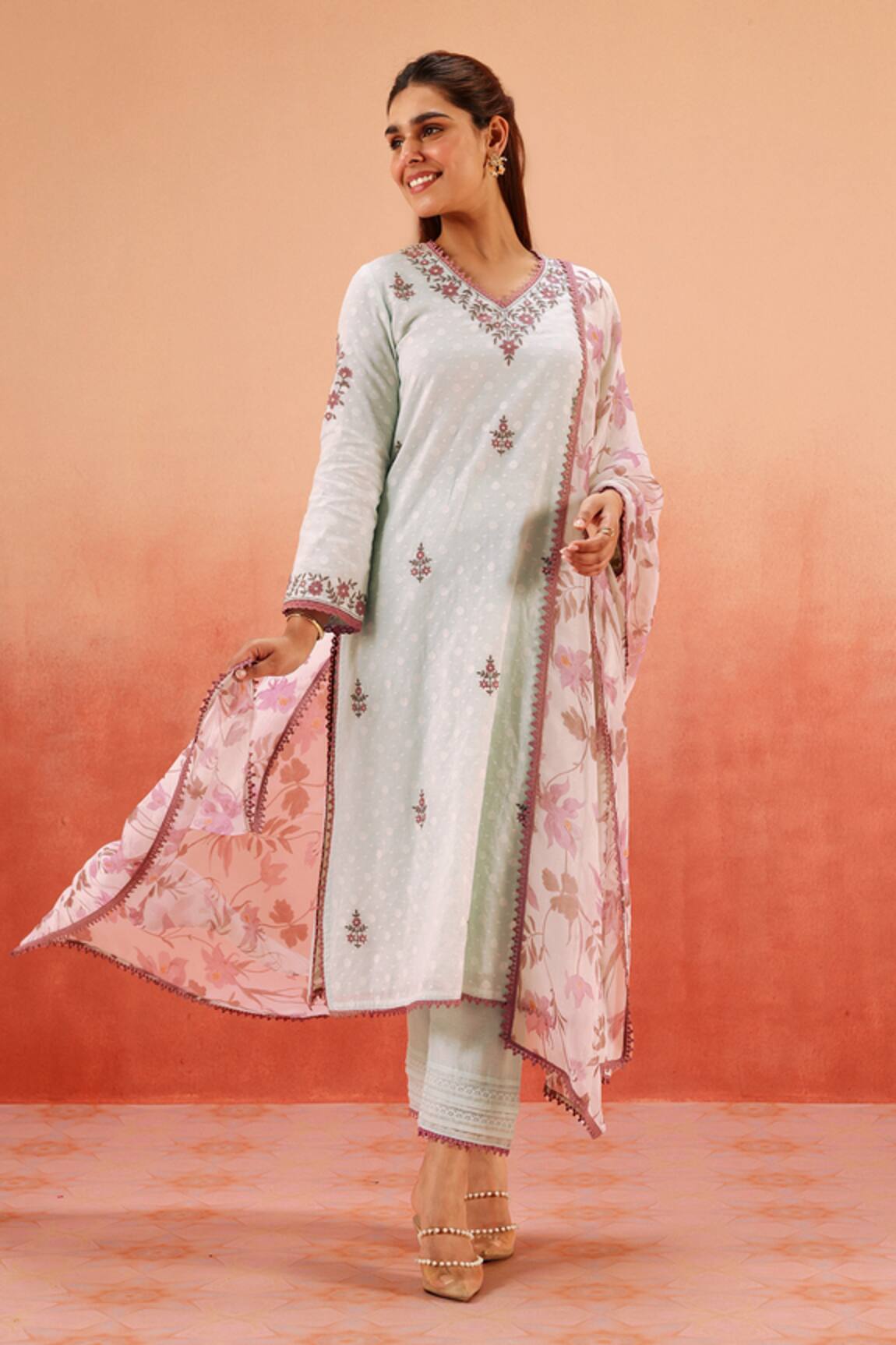 Dohr India Blue Jacquard Kurta Pant Dupatta Set 