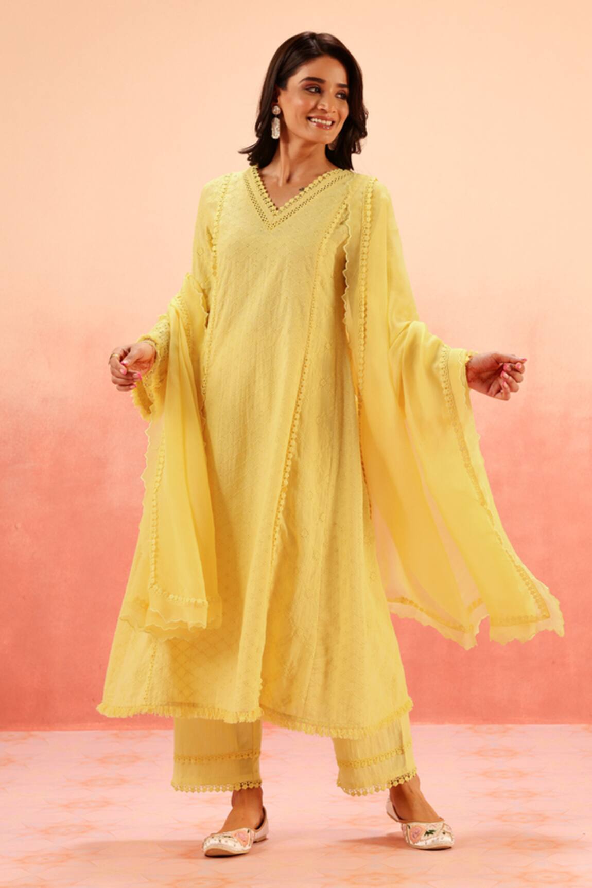 Dohr India Yellow Embroidered Kurta Pant Dupatta Set 