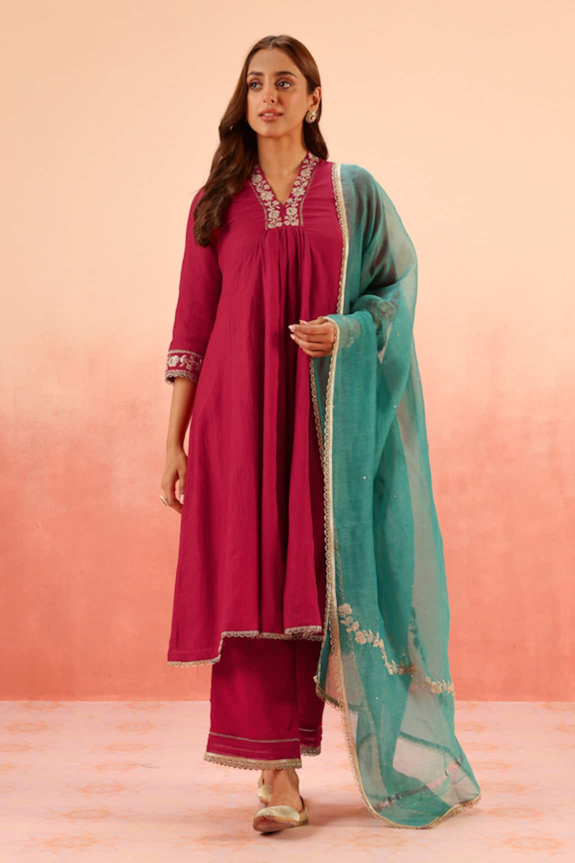 Dohr India Crimson Pink Kurta Pant Dupatta Set 